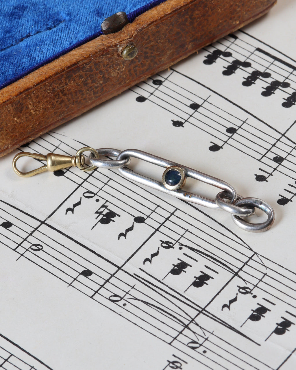 Antique Silver Trombone Link Extender with Faceted Sapphire & 14ct Gold Swivel Dog Clip