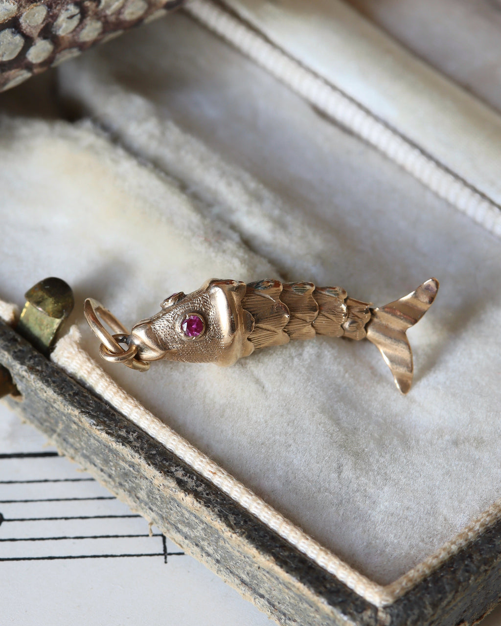 Antique Articulated Fish Charm with Ruby Eyes
