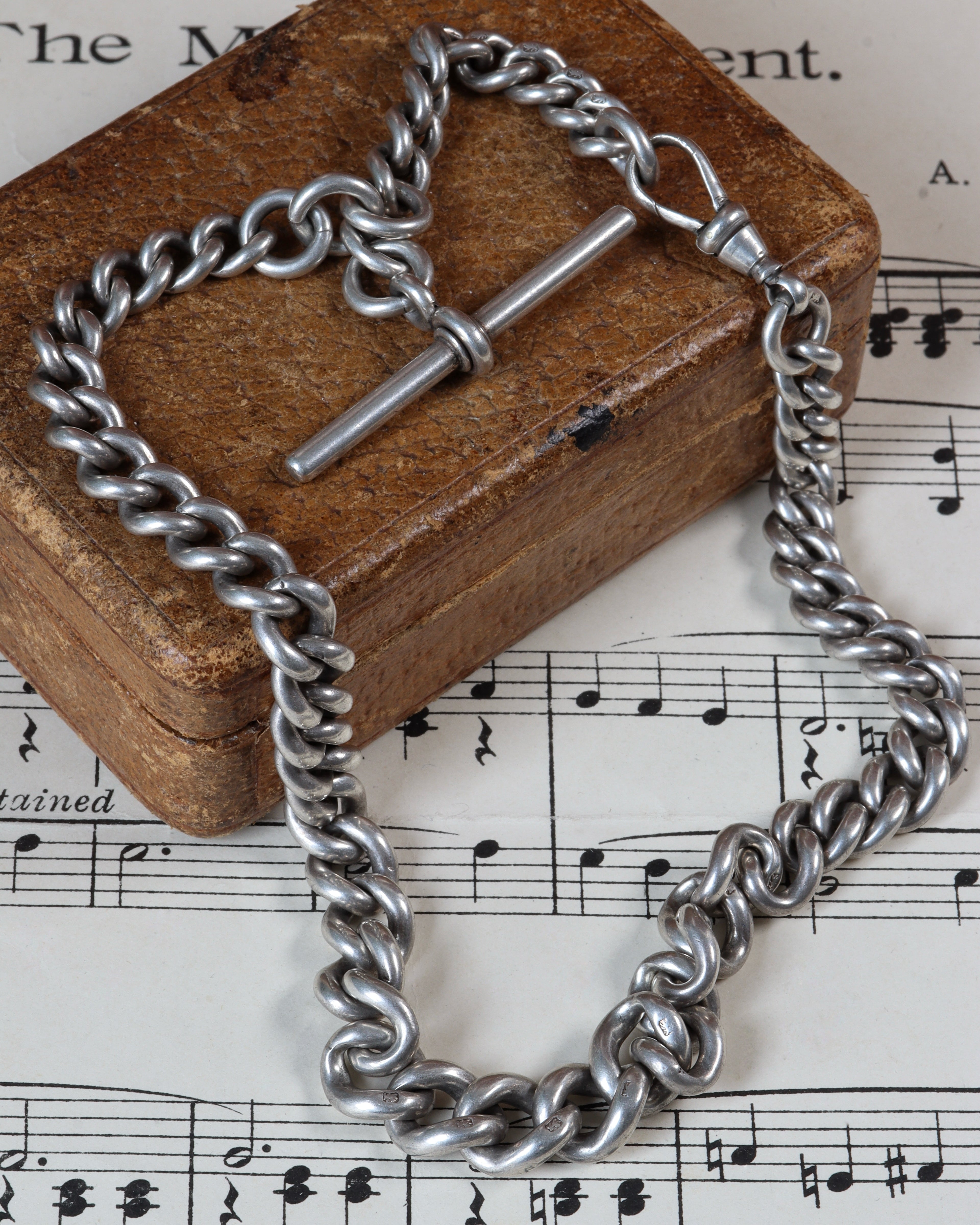 Victorian Sterling Silver Graduated Curb Link Watch Chain with T-Bar & Dog Clip