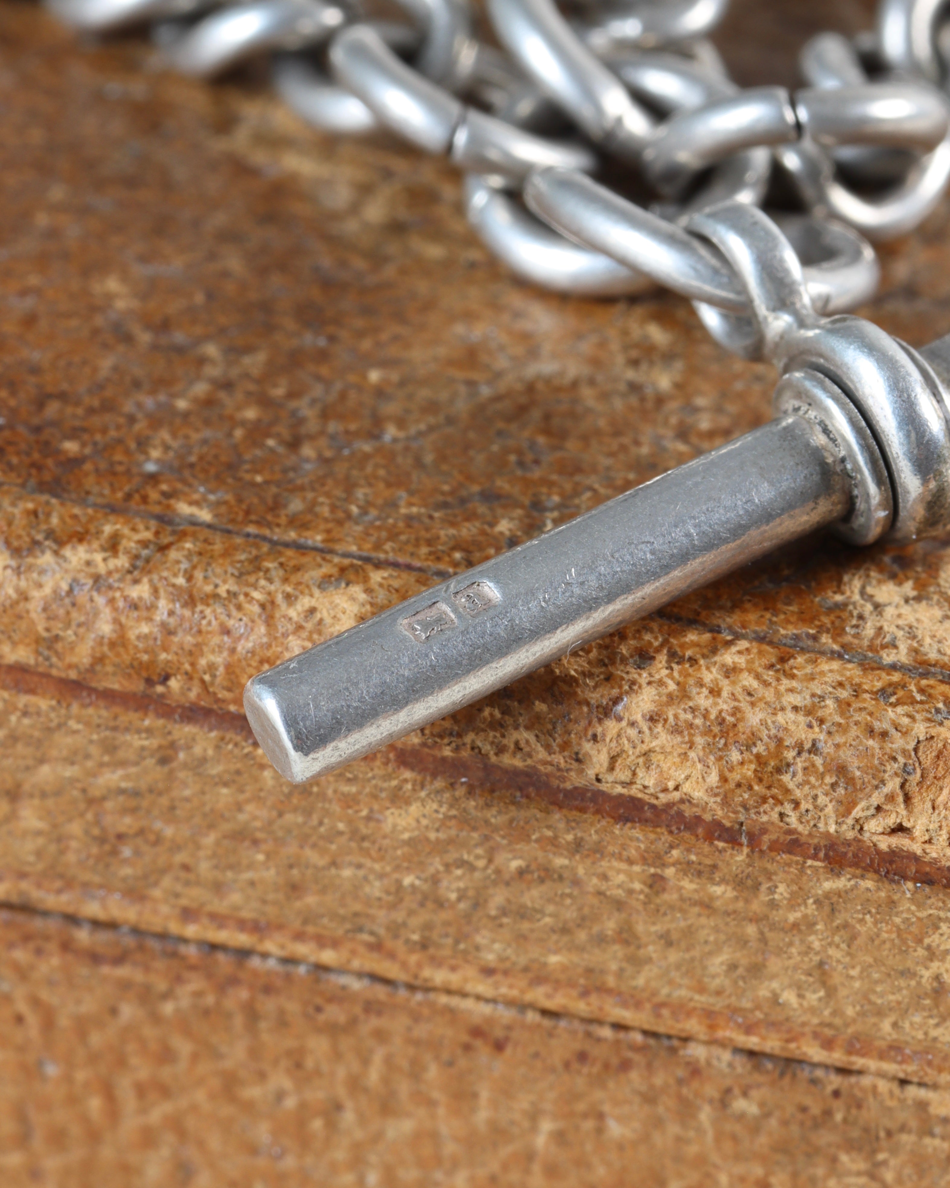 Victorian Sterling Silver Graduated Curb Link Watch Chain with T-Bar & Dog Clip