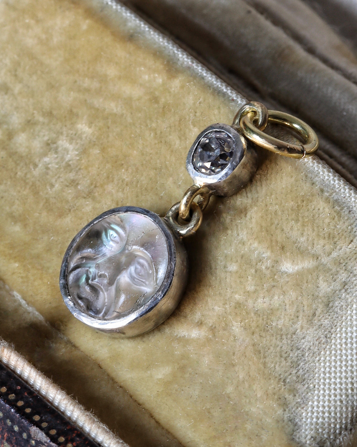 Victorian Conversion Iridescent Man in the Moon Charm with Old Mine Cut Diamond