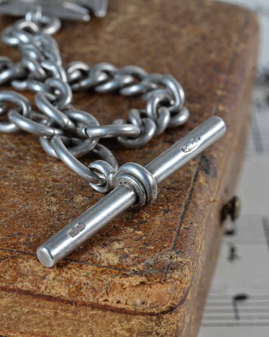 Victorian Silver Watch Chain with Double Dog Clip, T-Bar & Pendant Drop Links and Fob