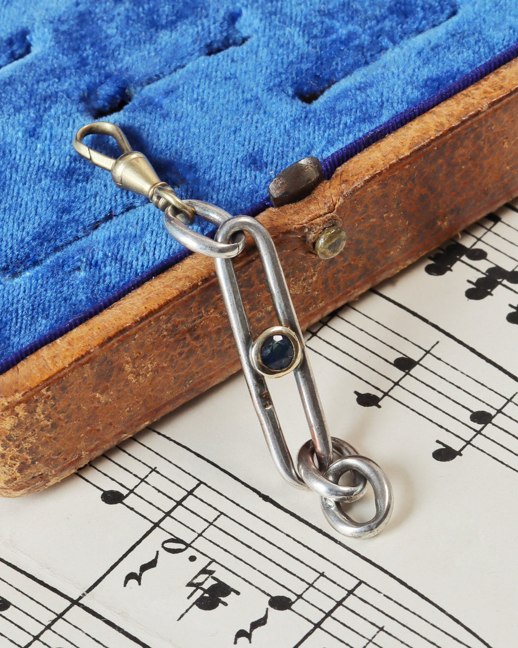 Antique Silver Trombone Link Extender with Faceted Sapphire & 14ct Gold Swivel Dog Clip