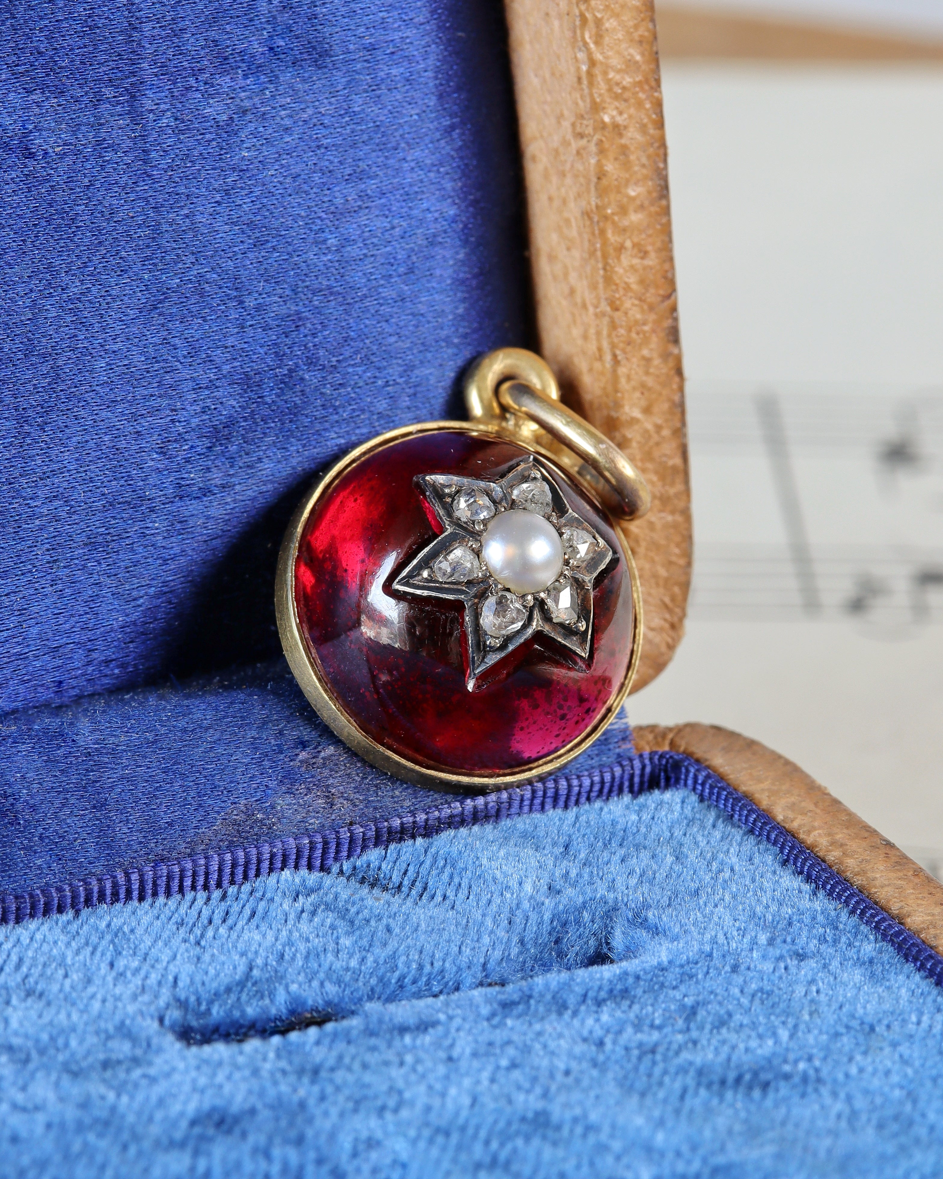 Victorian Gold Garnet Starburst Charm with Pearl & Rose Cut Diamond Centre