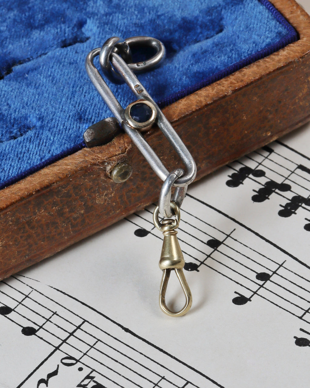 Antique Silver Trombone Link Extender with Faceted Sapphire & 14ct Gold Swivel Dog Clip