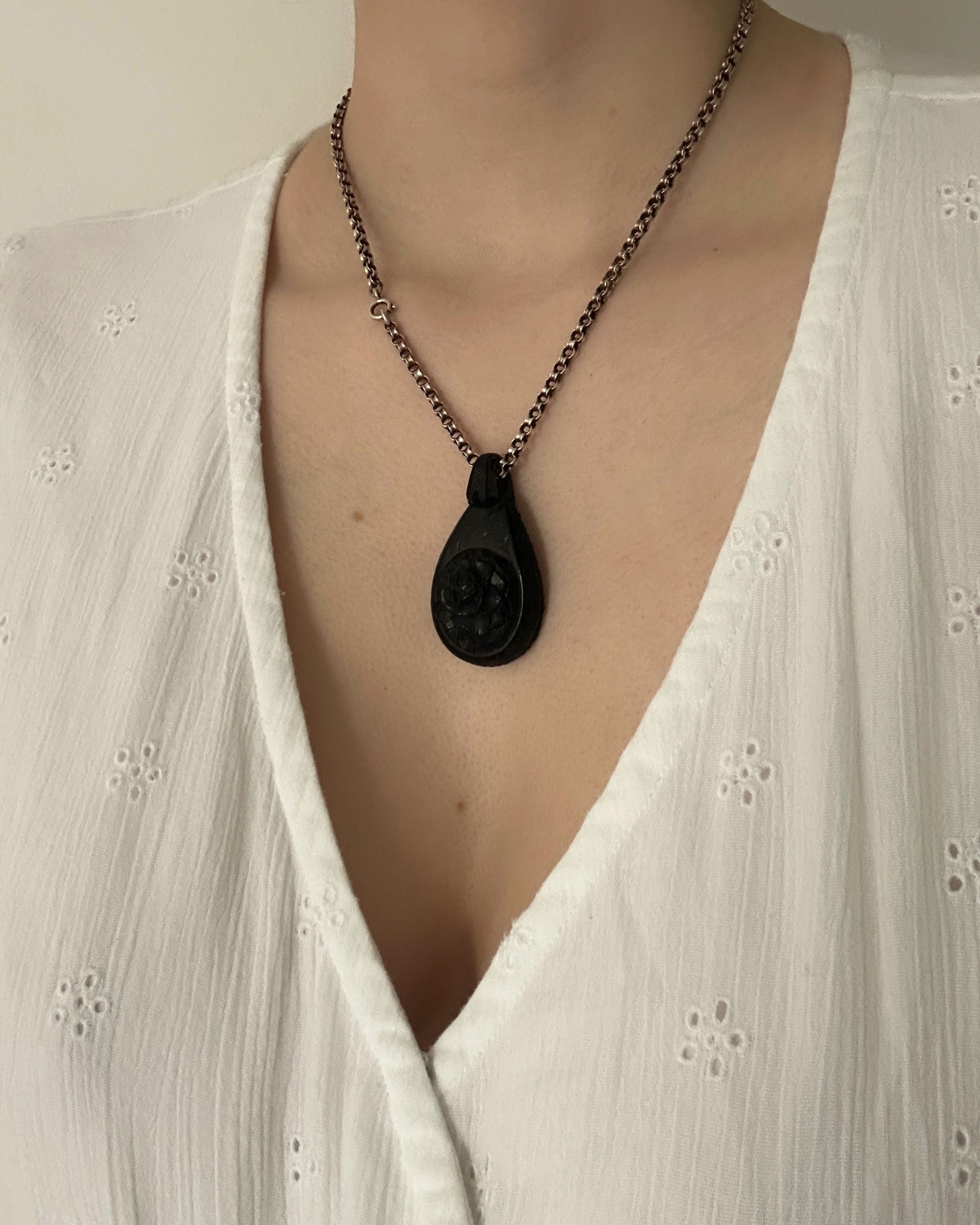 Victorian Whitby Jet Carved Teardrop Mourning Pendant