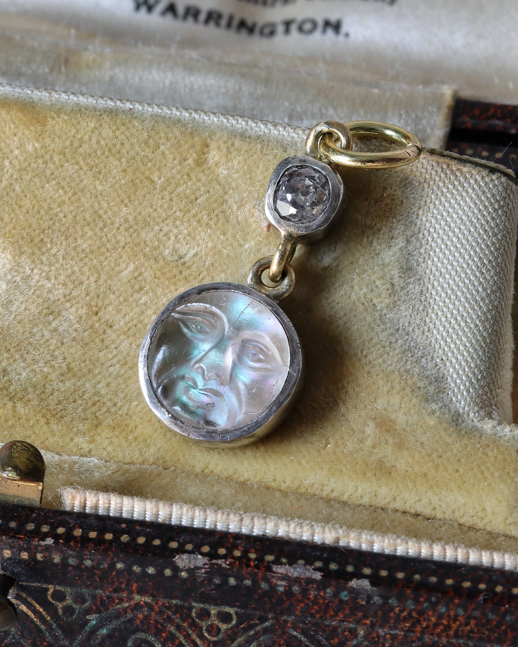 Victorian Conversion Iridescent Man in the Moon Charm with Old Mine Cut Diamond