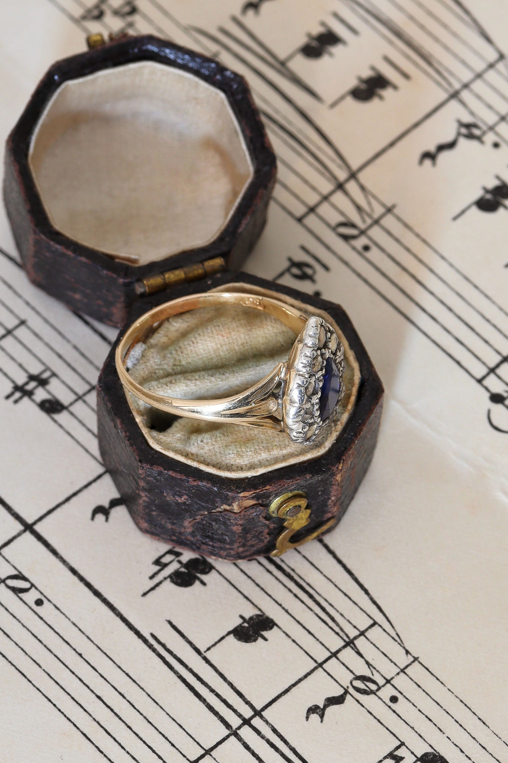Georgian-Inspired 15ct Gold Rose Cut Diamond and Sapphire Teardrop Ring