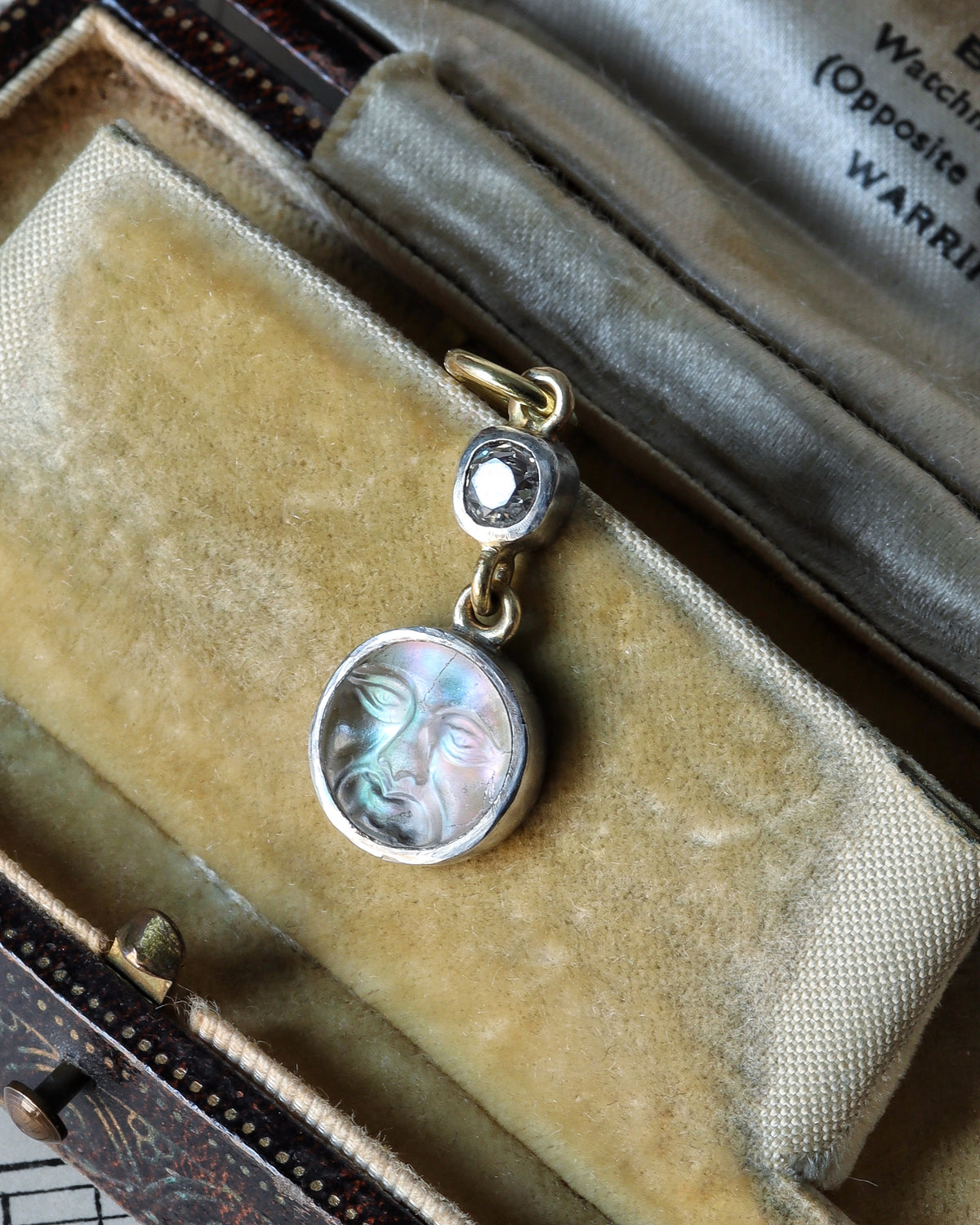 Victorian Conversion Iridescent Man in the Moon Charm with Old Mine Cut Diamond
