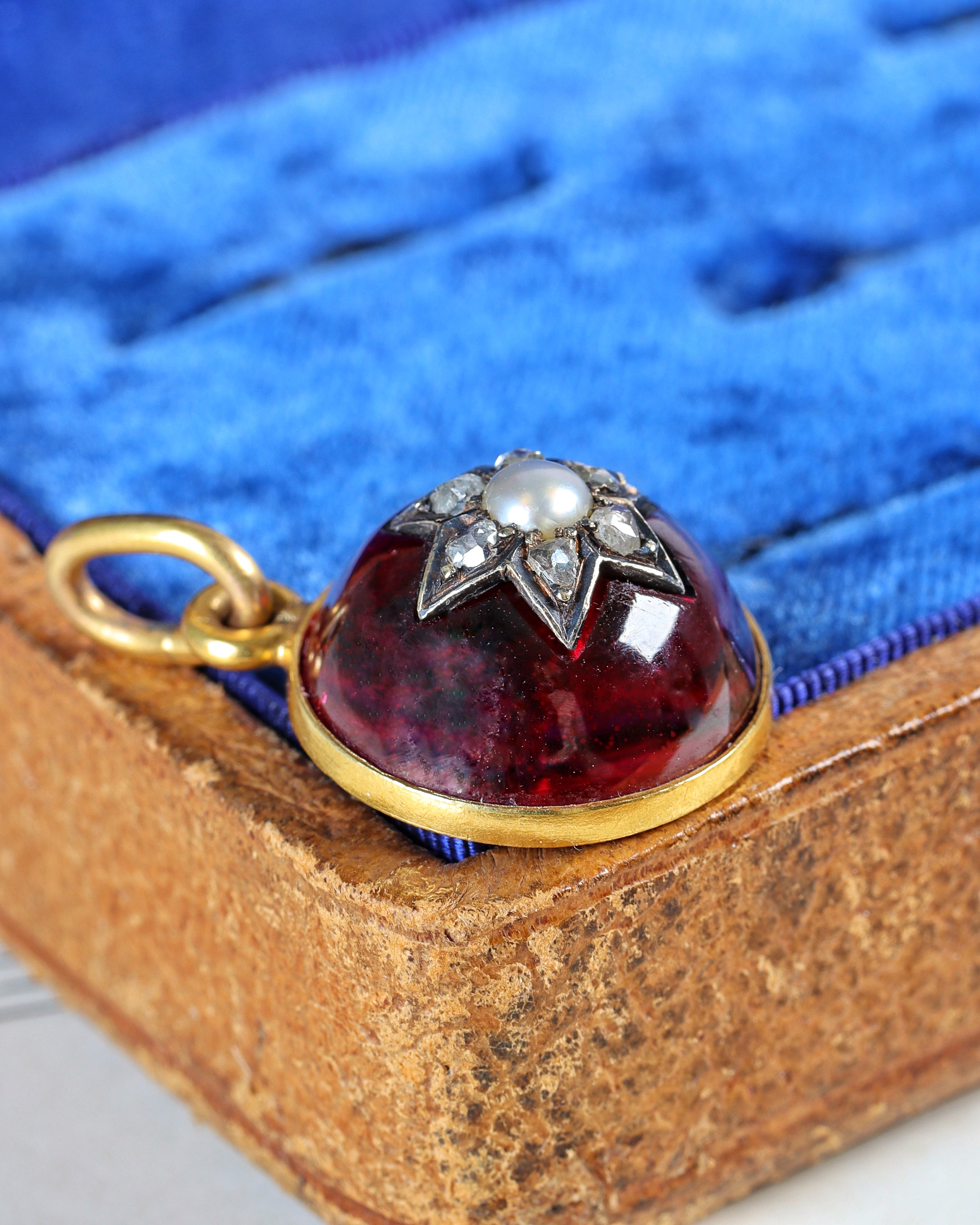 Victorian Gold Garnet Starburst Charm with Pearl & Rose Cut Diamond Centre