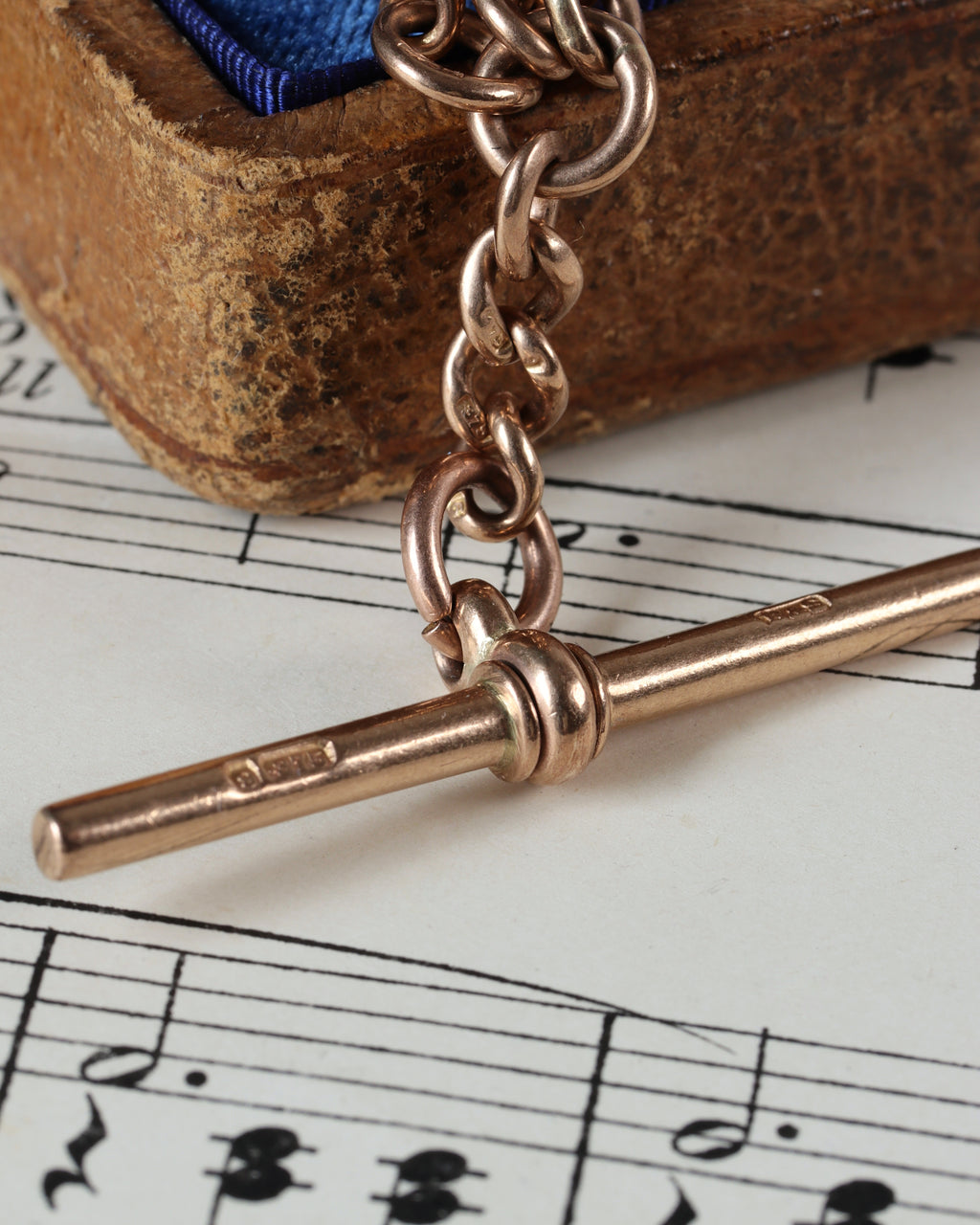 1920s 9ct Peach Gold Watch Chain with T-Bar, Dog Clips & Heart Fob