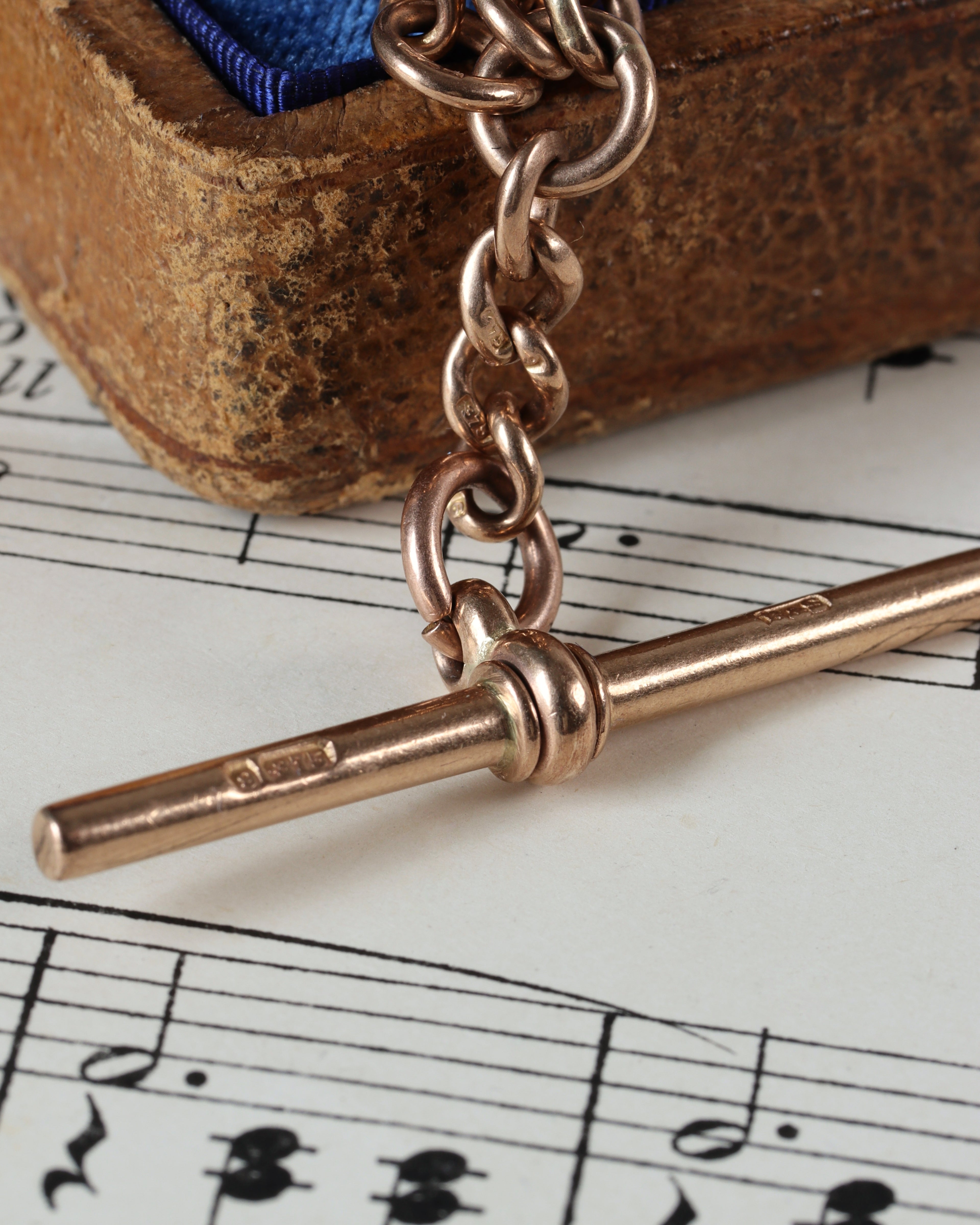 1920s 9ct Peach Gold Watch Chain with T-Bar, Dog Clips & Heart Fob