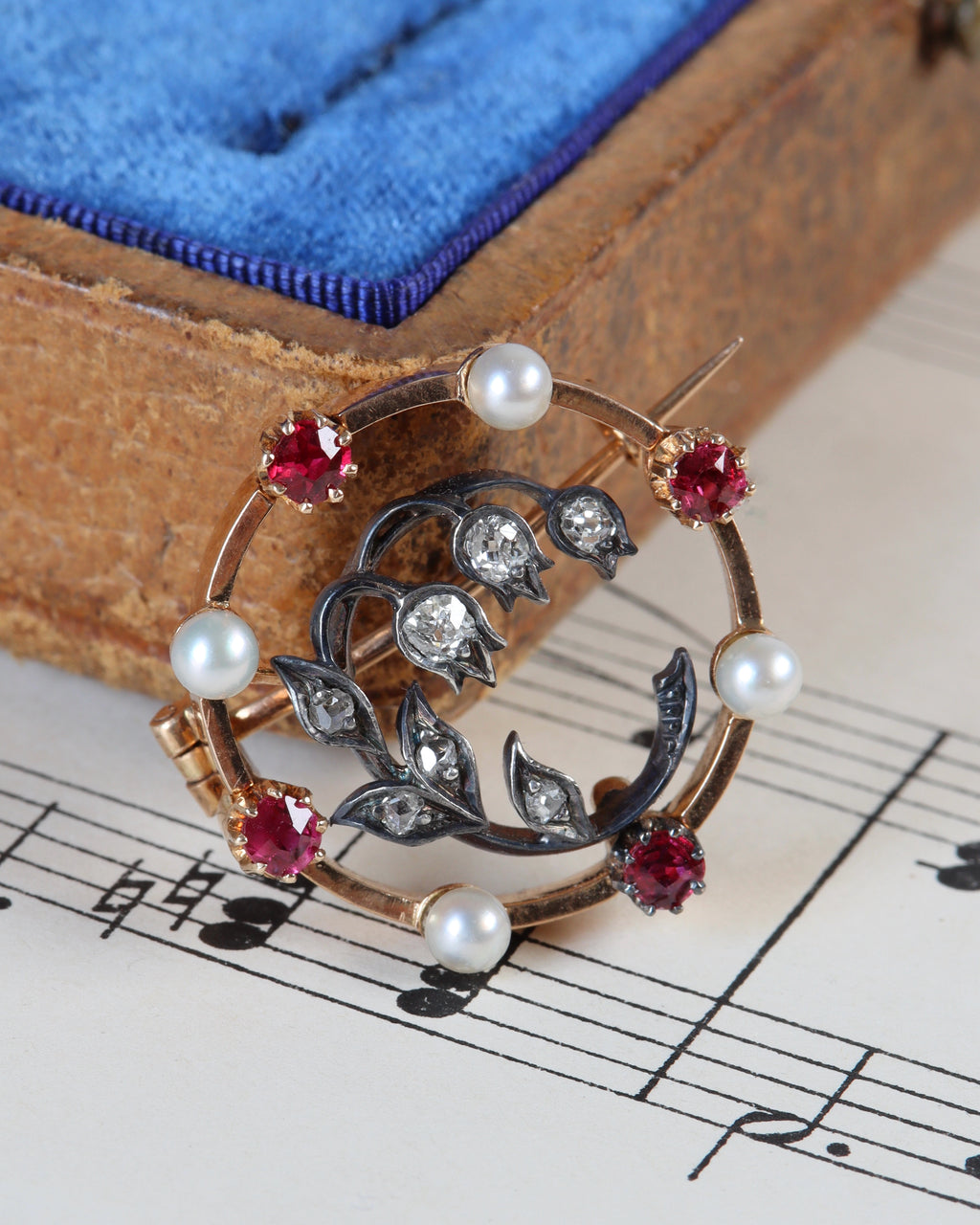 Antique Austrian Lily of the Valley Rose gold, Diamond and Ruby Brooch