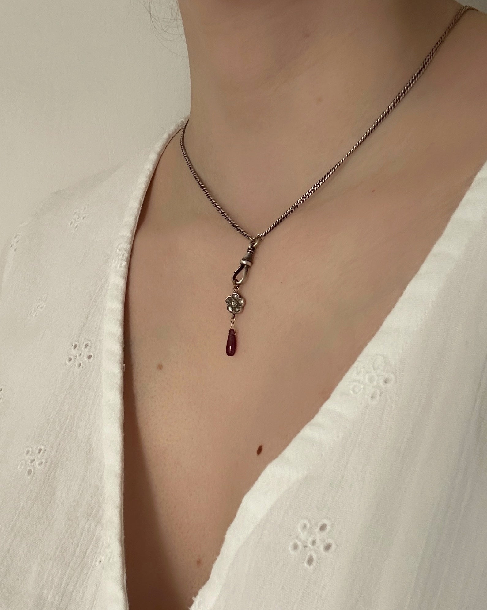 Converted Rose Cut Diamond Flower Charm with Garnet Drop