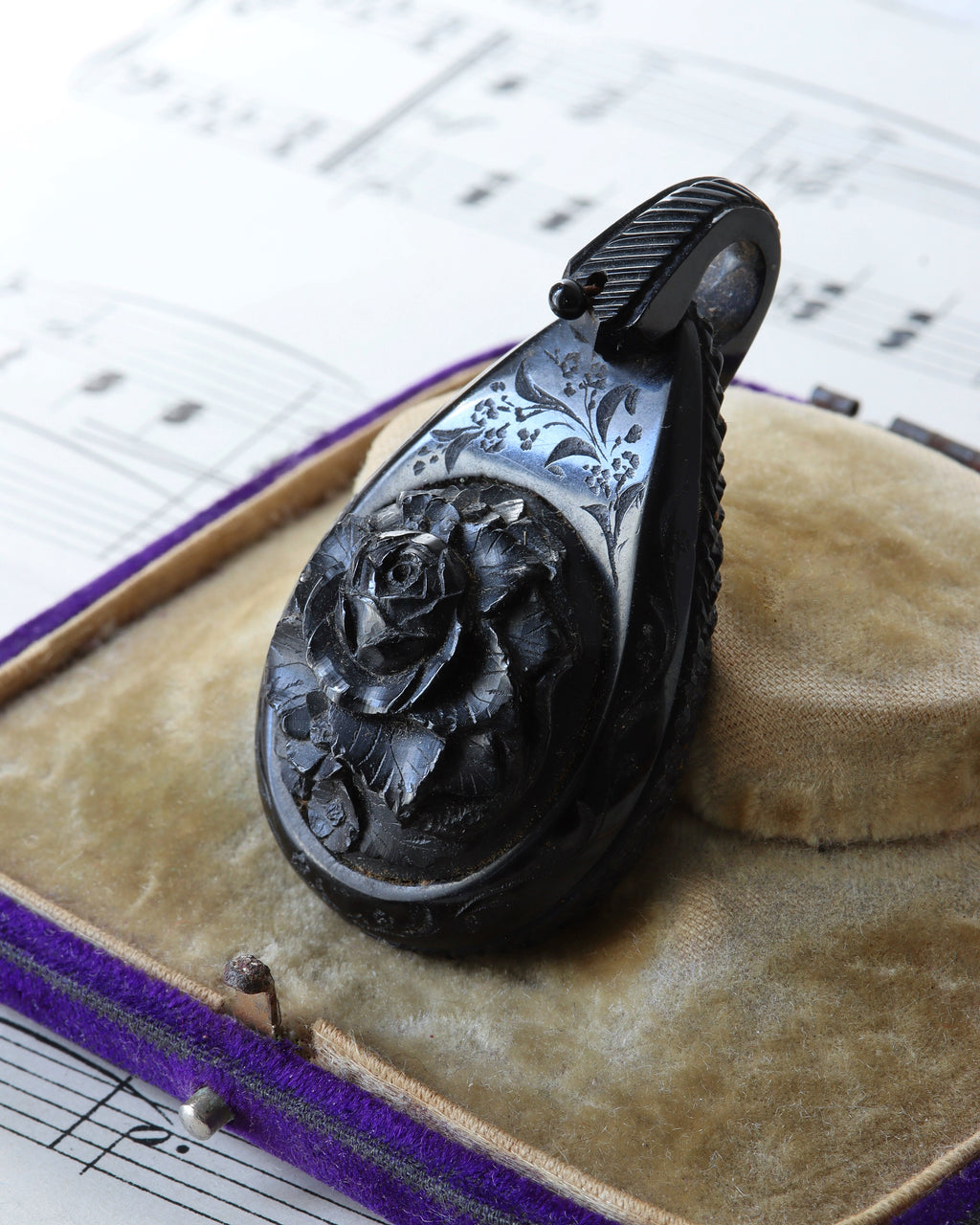 Victorian Whitby Jet Carved Teardrop Mourning Pendant