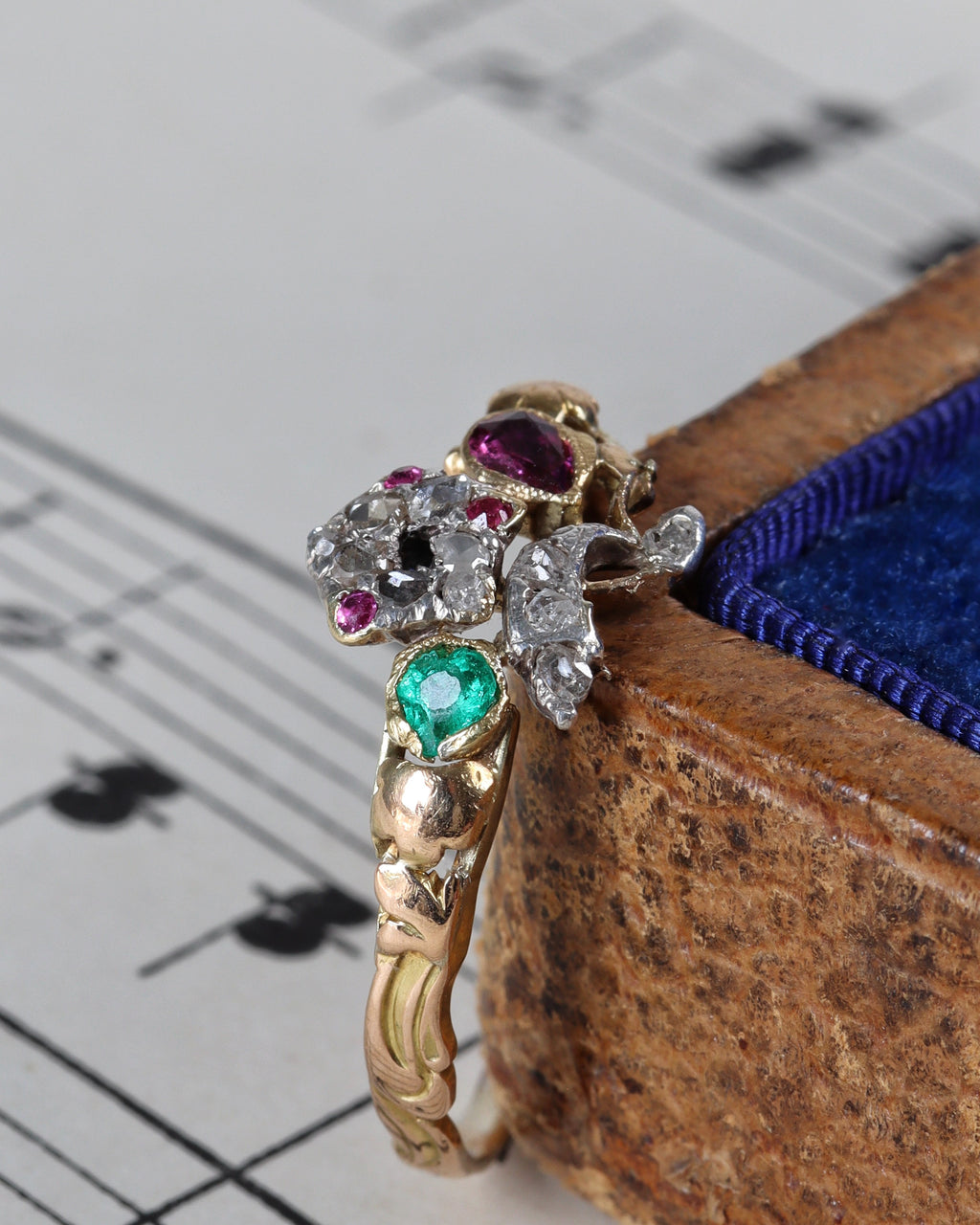 Rare Georgian Giardinetti Ring with Rose Cut Diamonds, Emerald & Rubies