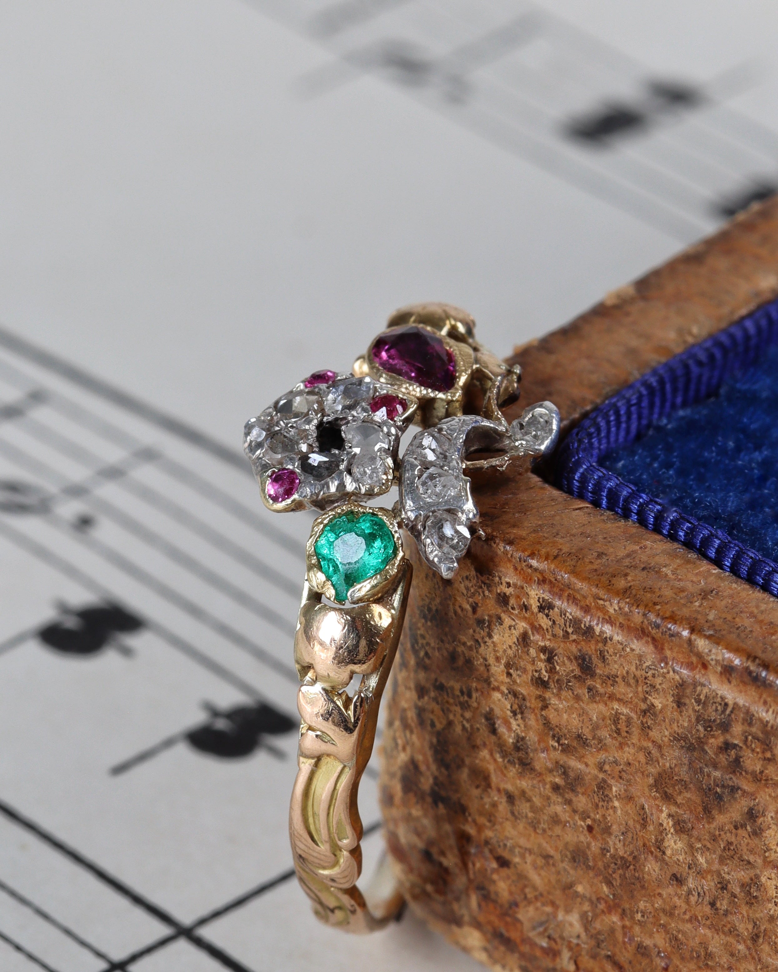 Rare Georgian Giardinetti Ring with Rose Cut Diamonds, Emerald & Rubies