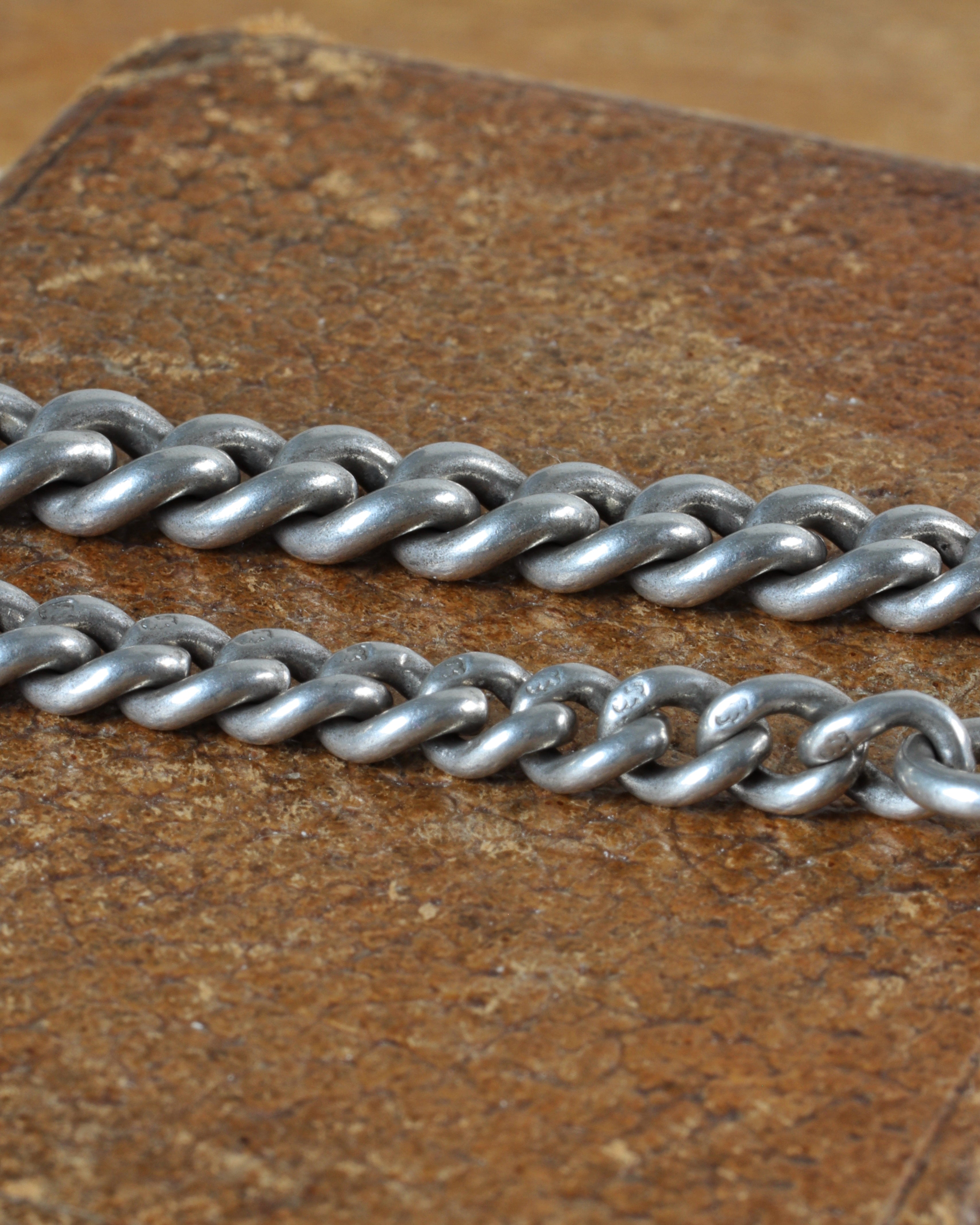 Victorian Sterling Silver Graduated Curb Link Watch Chain with Swivel T-Bar & Dog Clips