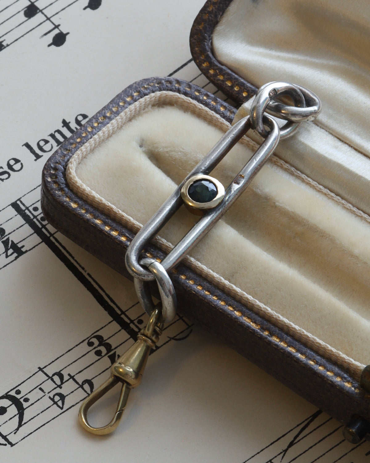 Antique Silver Trombone Link Extender with Faceted Sapphire & 14ct Gold Swivel Dog Clip