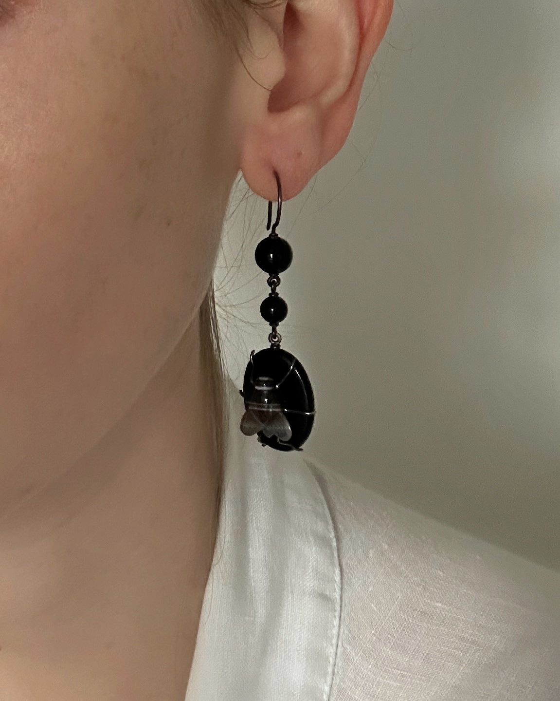 Victorian Silver Banded Agate Fly Earrings