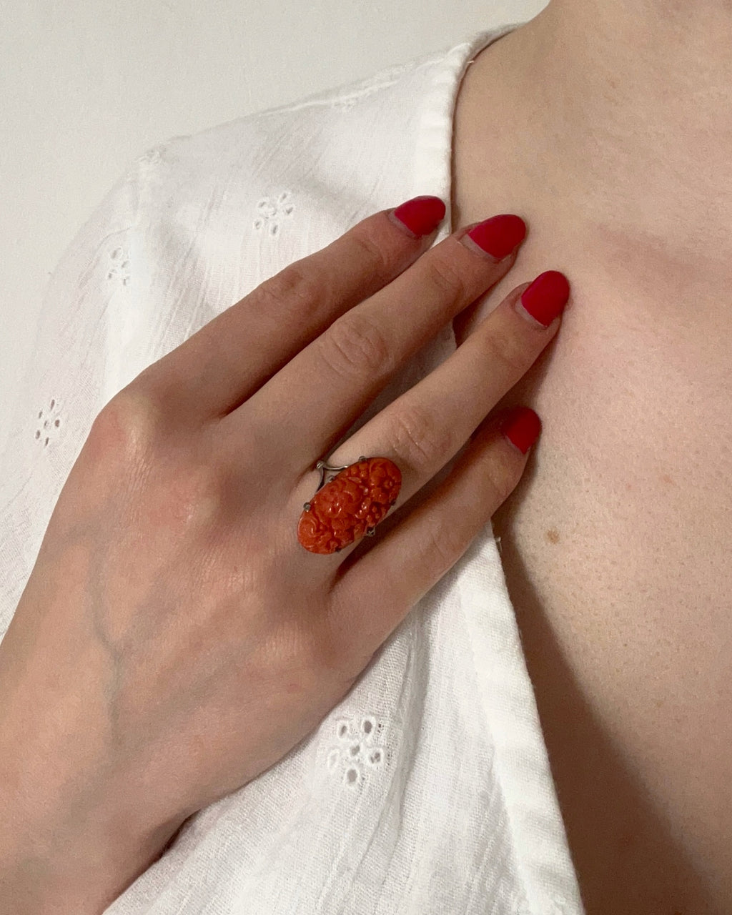 Art Deco Carved Coral Statement Ring in Silver