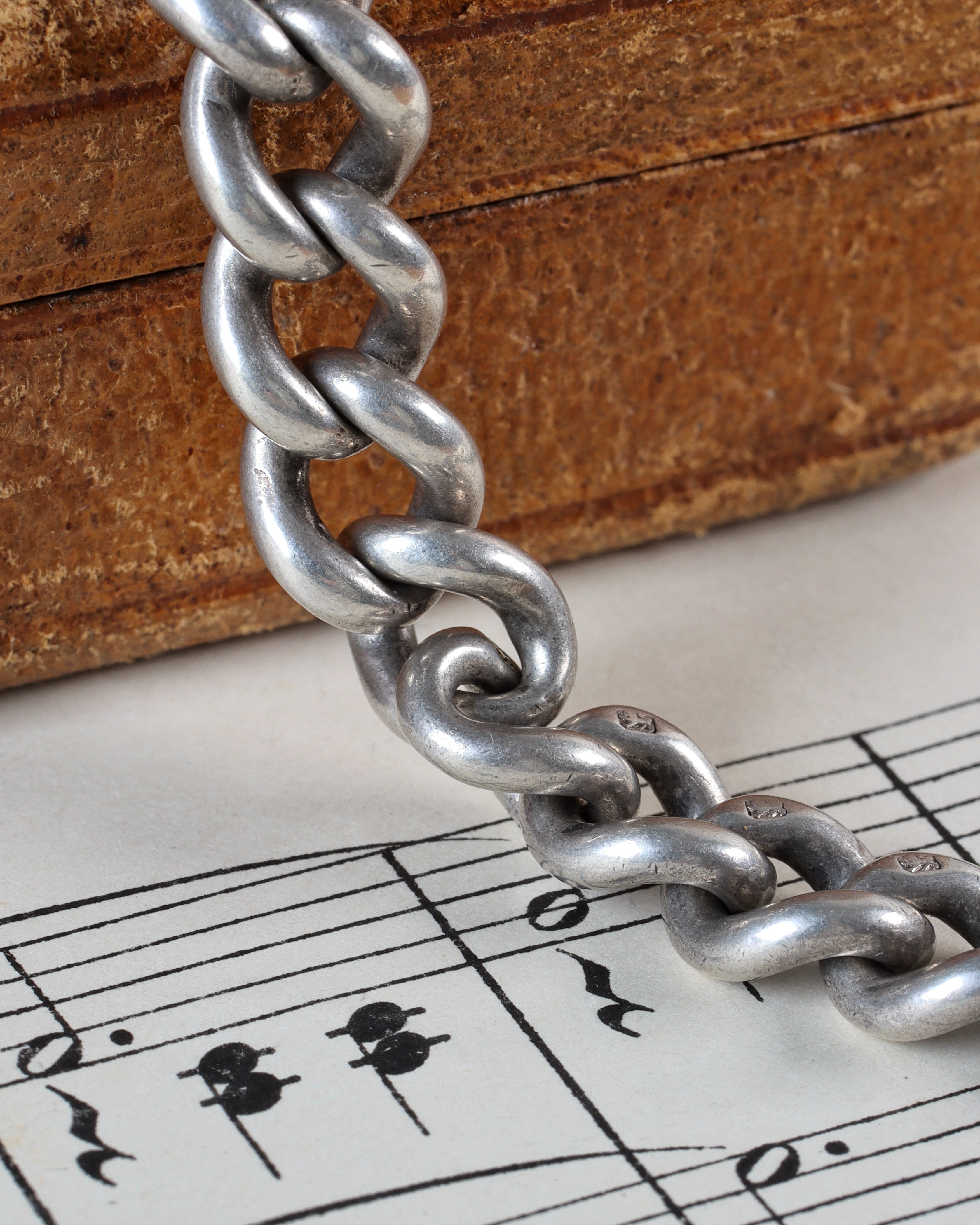 Victorian Sterling Silver Graduated Curb Link Watch Chain with T-Bar & Dog Clip