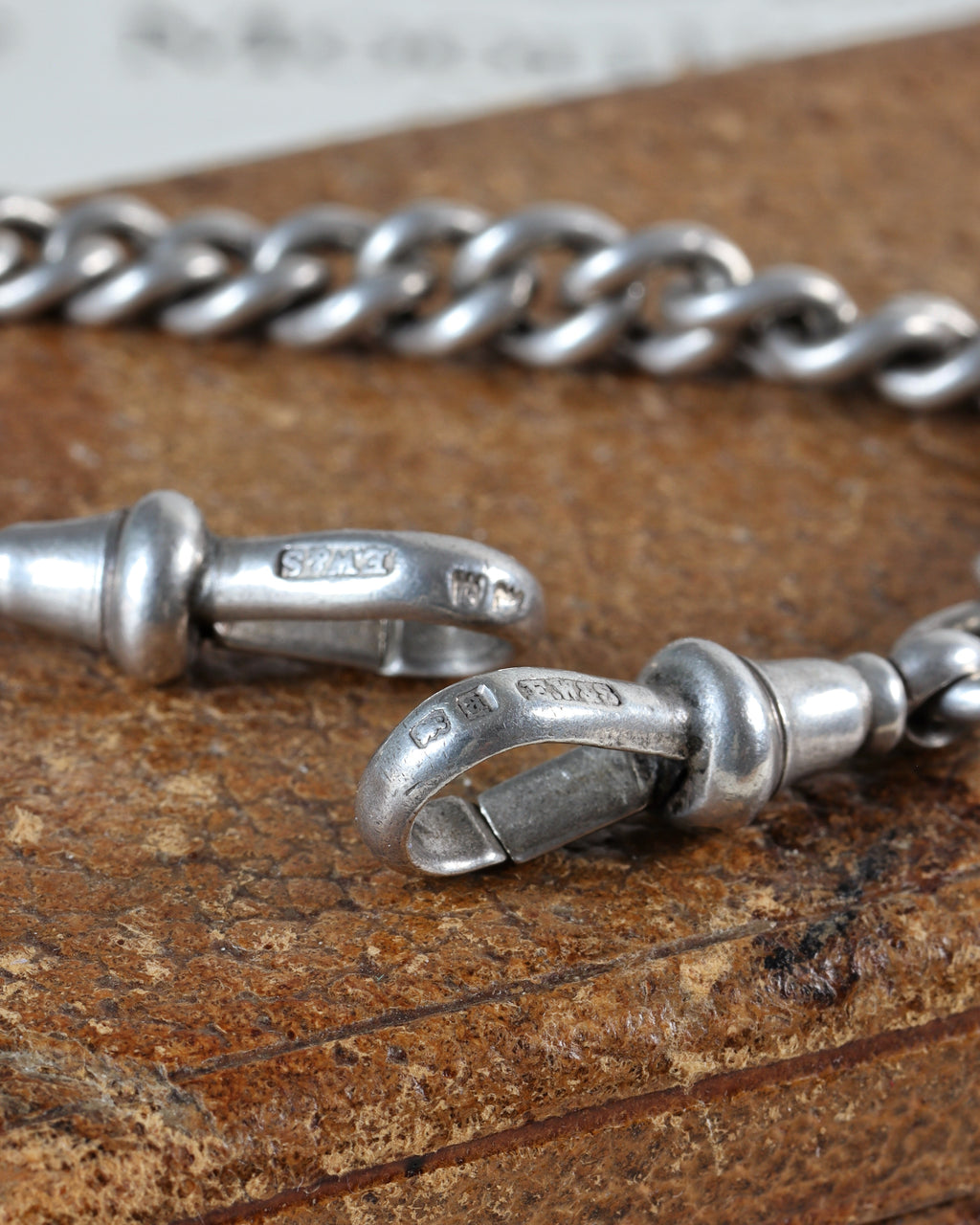Victorian Silver Watch Chain with Double Dog Clip, T-Bar & Pendant Drop Links and Fob