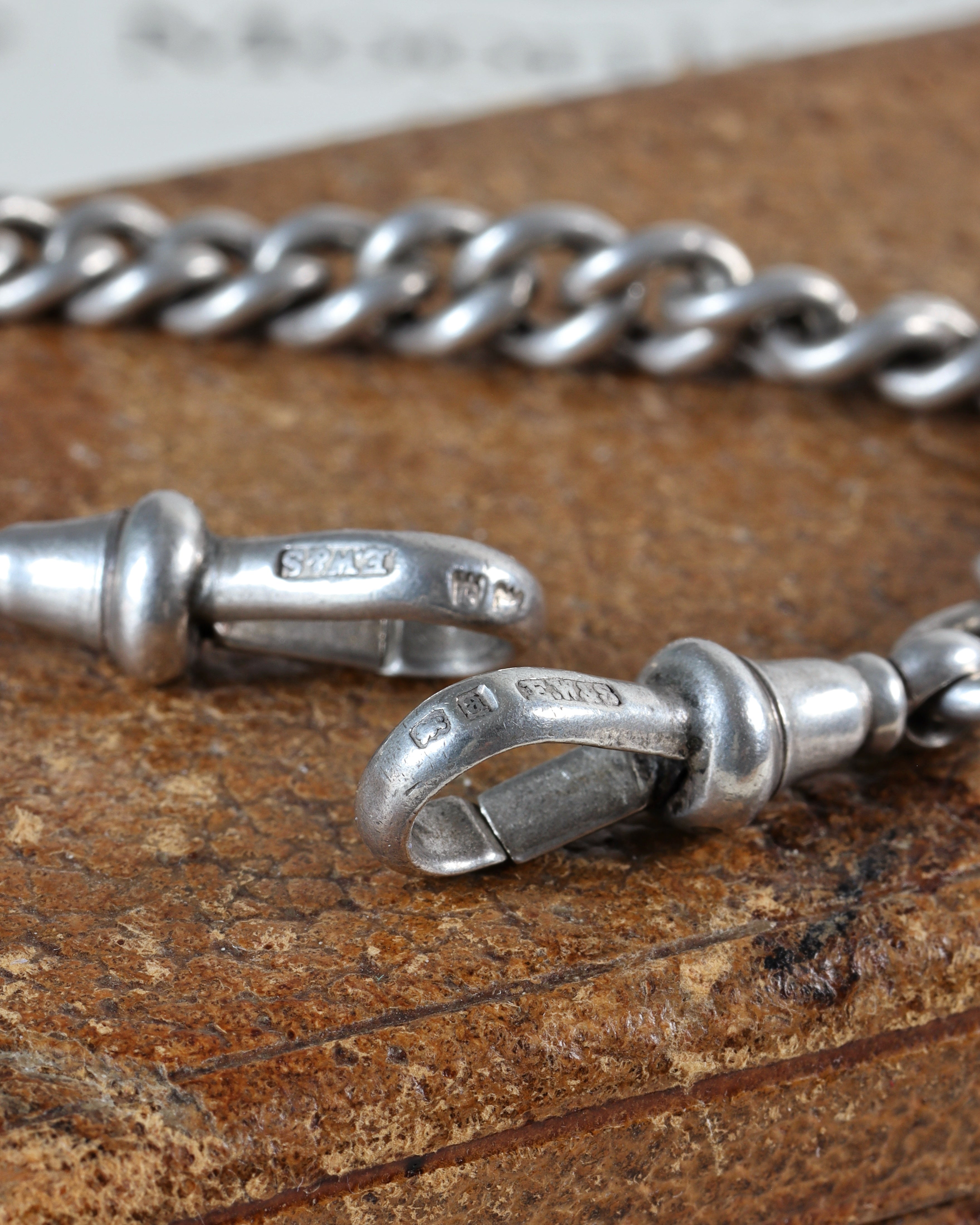 Victorian Silver Watch Chain with Double Dog Clip, T-Bar & Pendant Drop Links and Fob