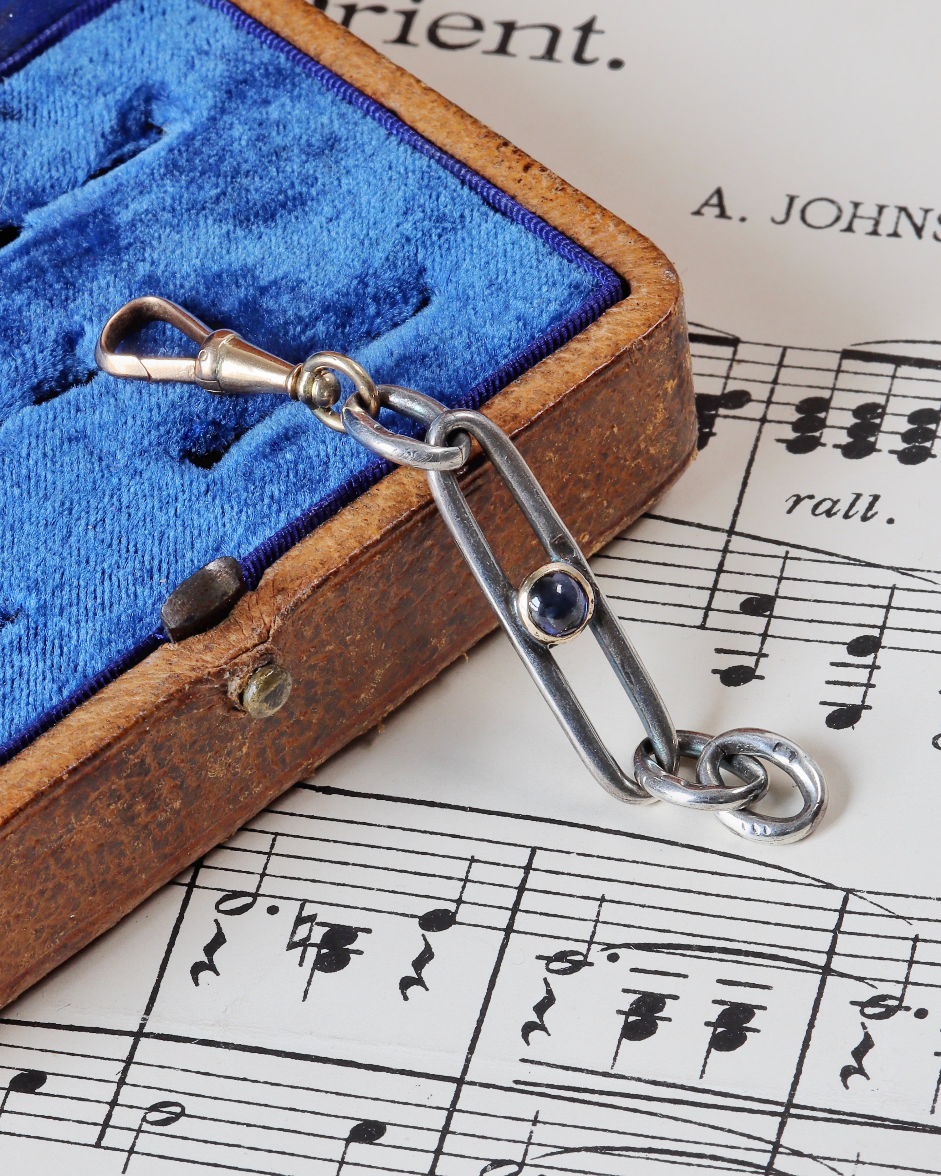 Antique Silver Trombone Link Extender with Sapphire Cabochon & 14ct Gold Swivel Dog Clip
