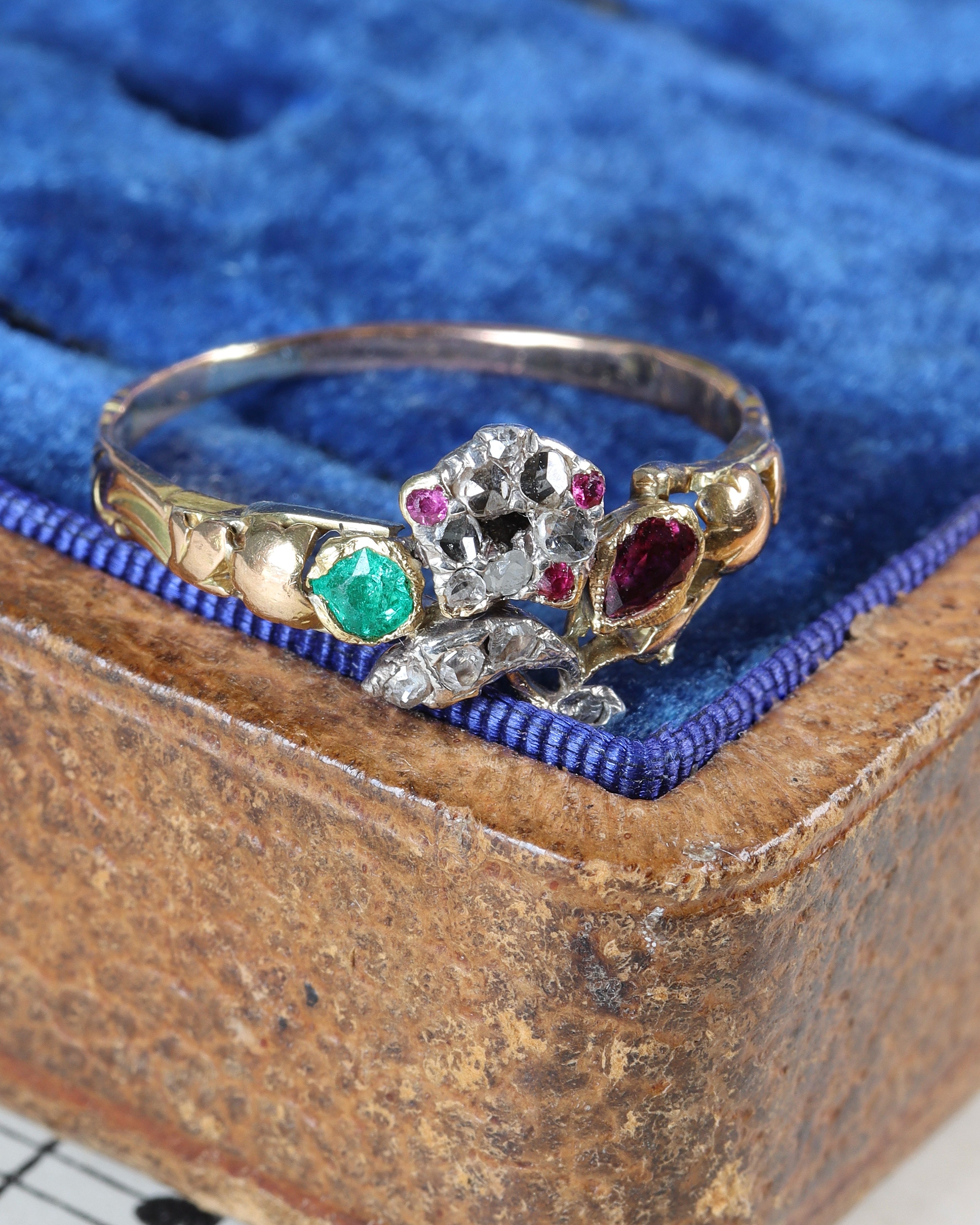 Rare Georgian Giardinetti Ring with Rose Cut Diamonds, Emerald & Rubies