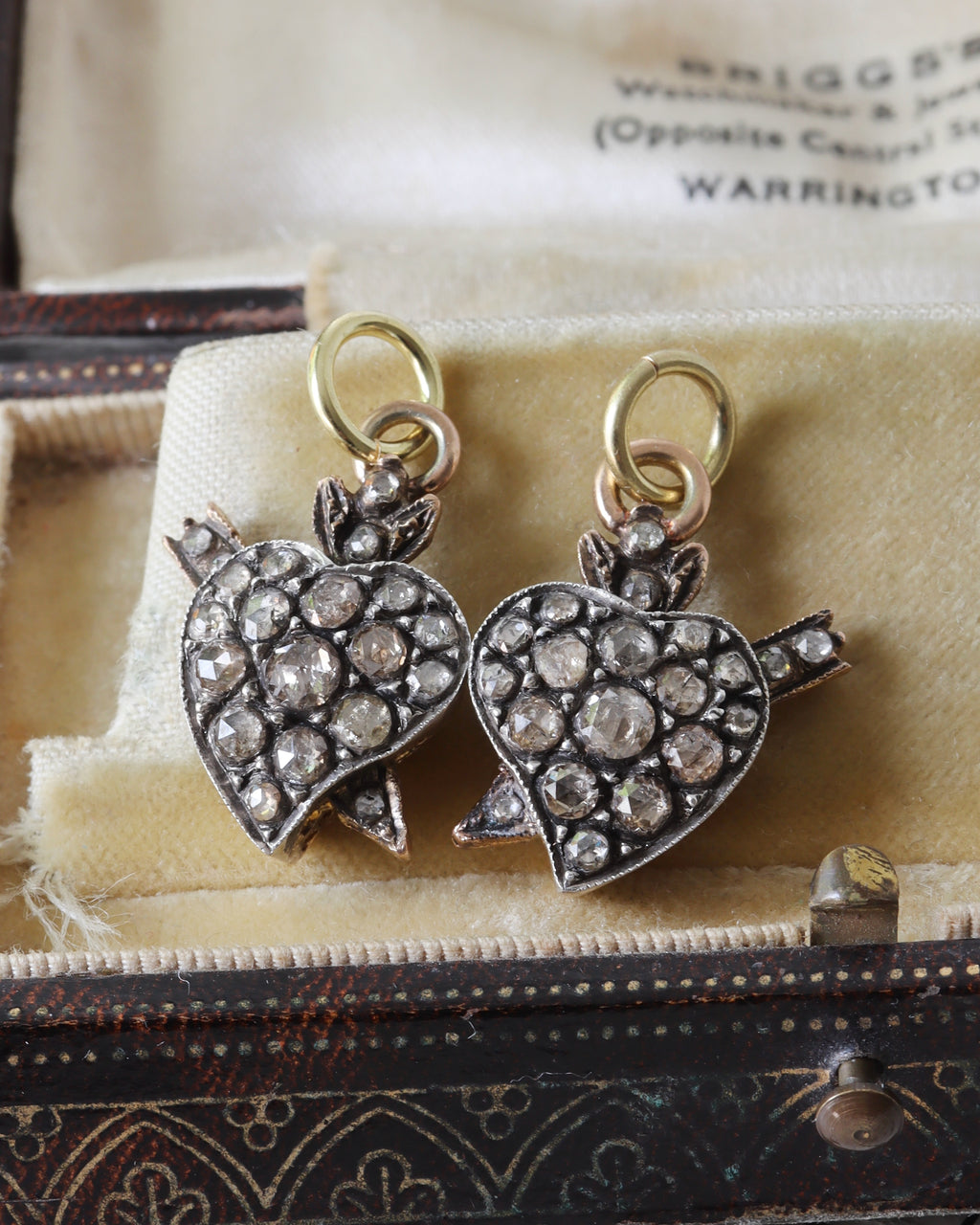 Two Victorian Silver Witches' Heart Charms with Rose Cut Diamonds