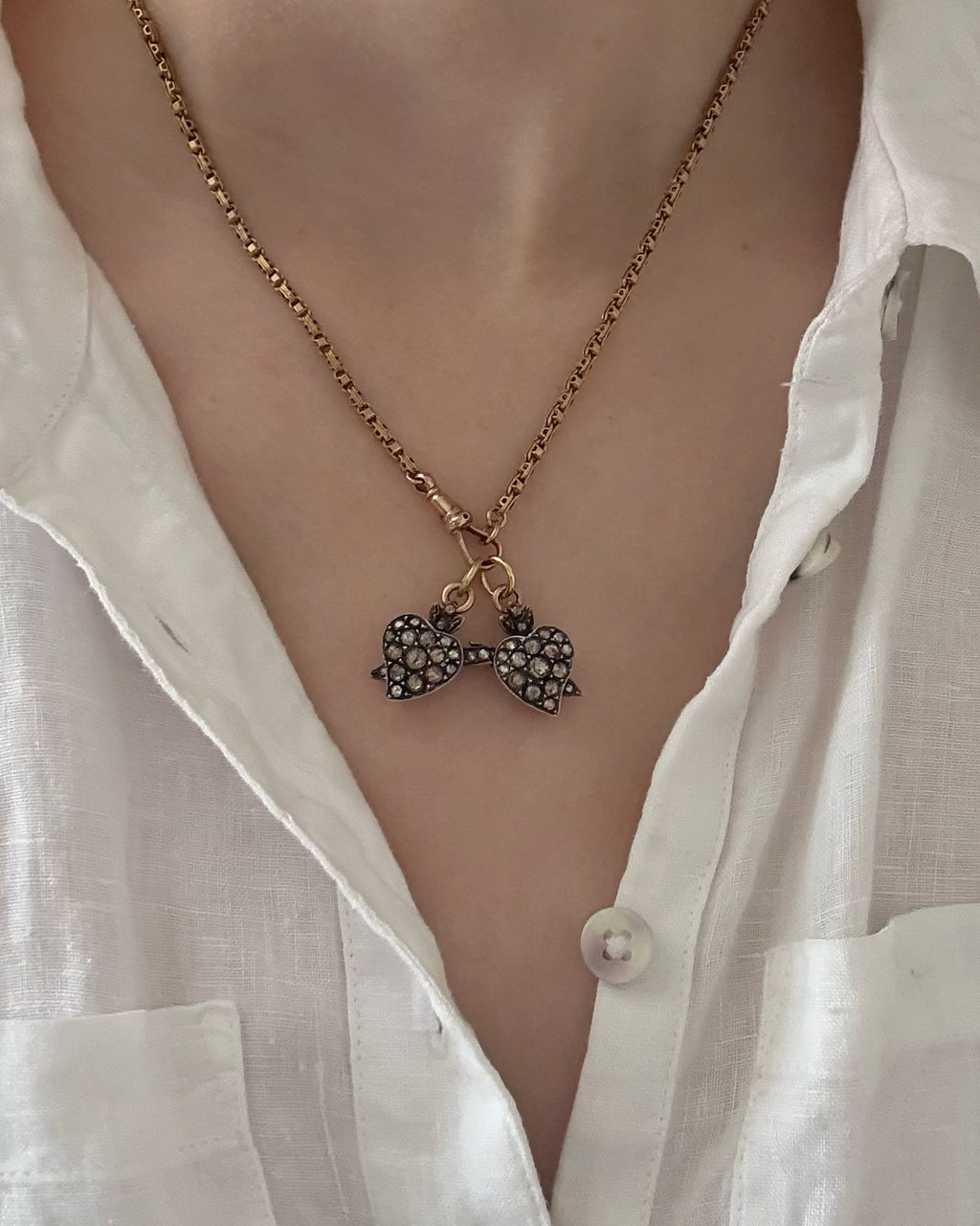 Two Victorian Silver Witches' Heart Charms with Rose Cut Diamonds