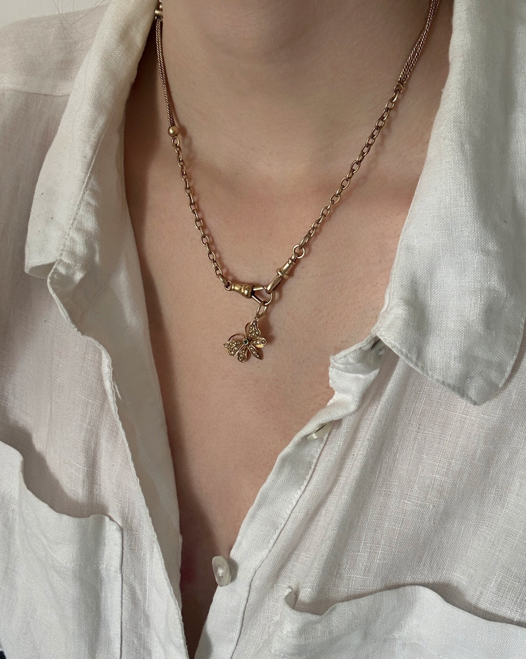 Victorian 9ct Gold Seed Pearl and Tourmaline Butterfly Charm
