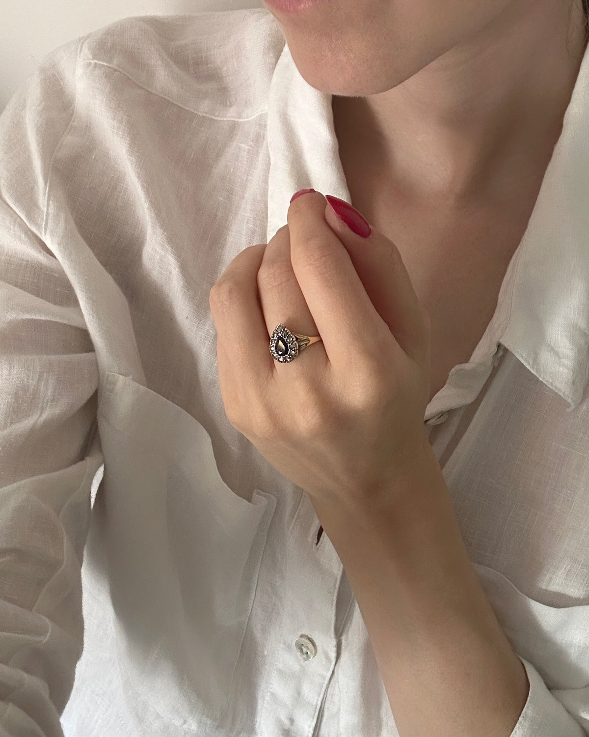 Georgian-Inspired 15ct Gold Rose Cut Diamond and Sapphire Teardrop Ring