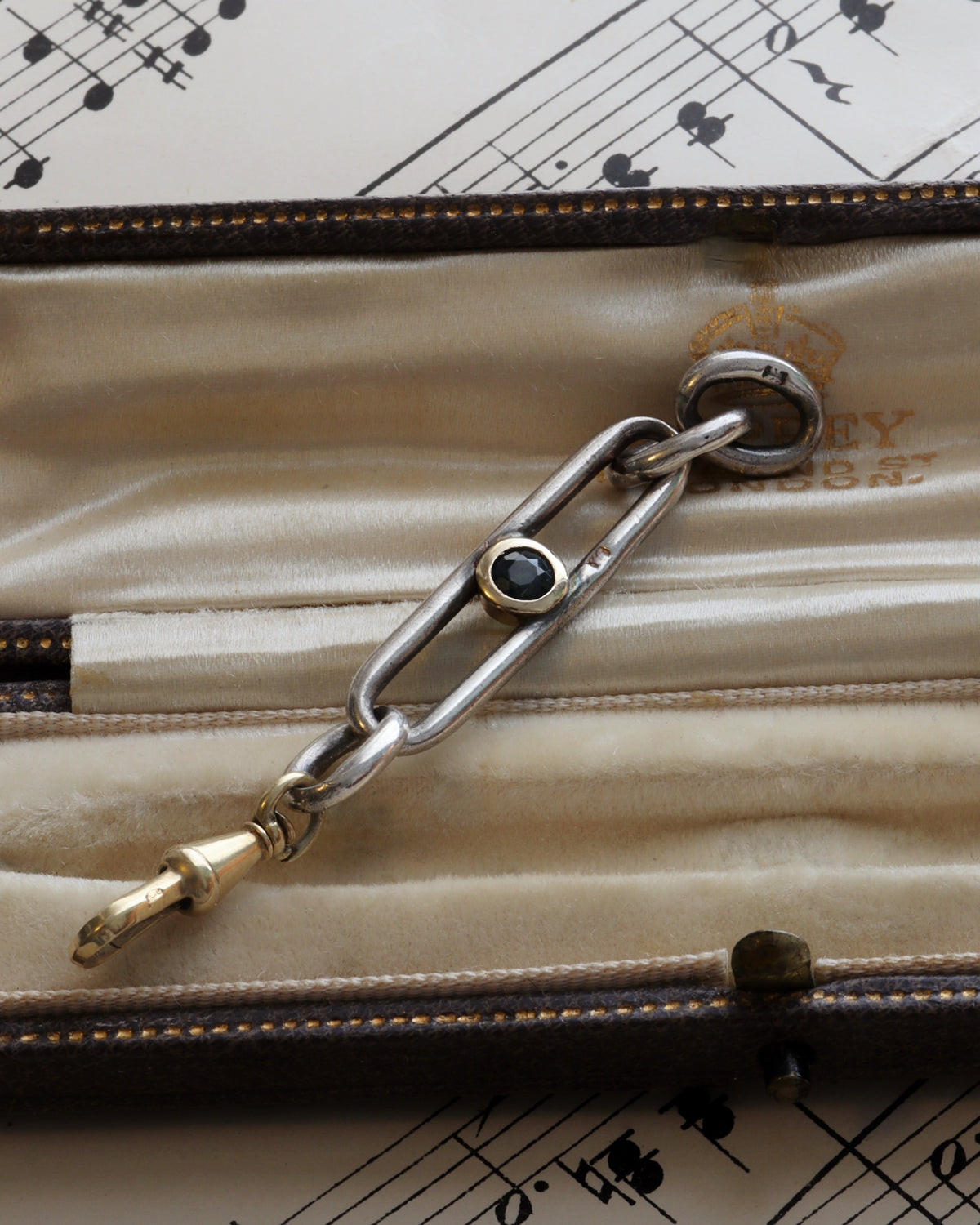 Antique Silver Trombone Link Extender with Faceted Sapphire & 14ct Gold Swivel Dog Clip