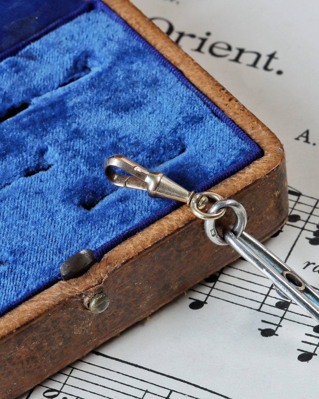 Antique Silver Trombone Link Extender with Sapphire Cabochon & 14ct Gold Swivel Dog Clip