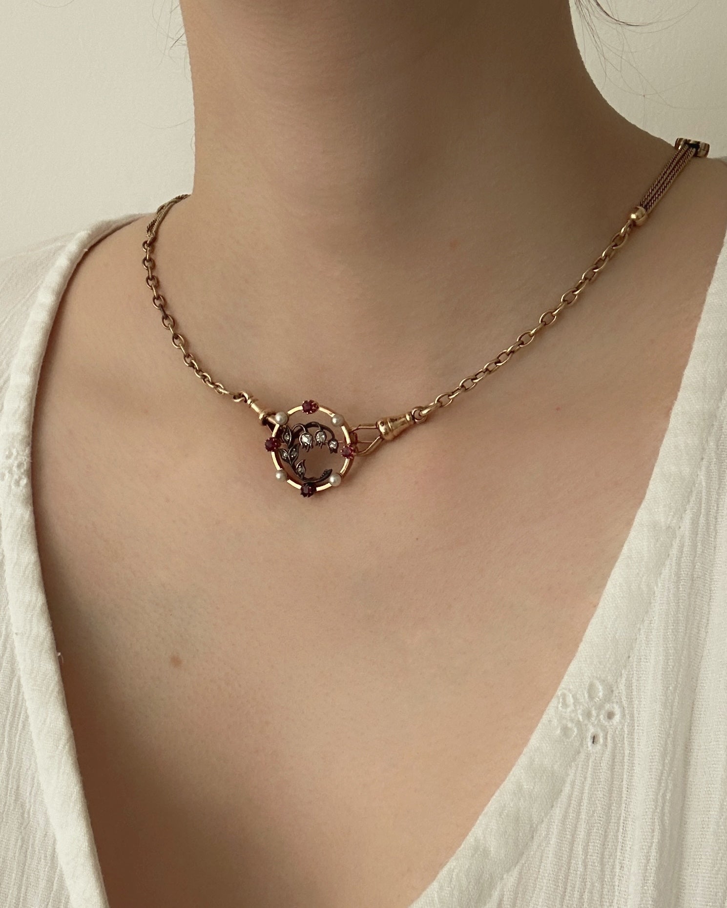 Antique Austrian Lily of the Valley Rose gold, Diamond and Ruby Brooch
