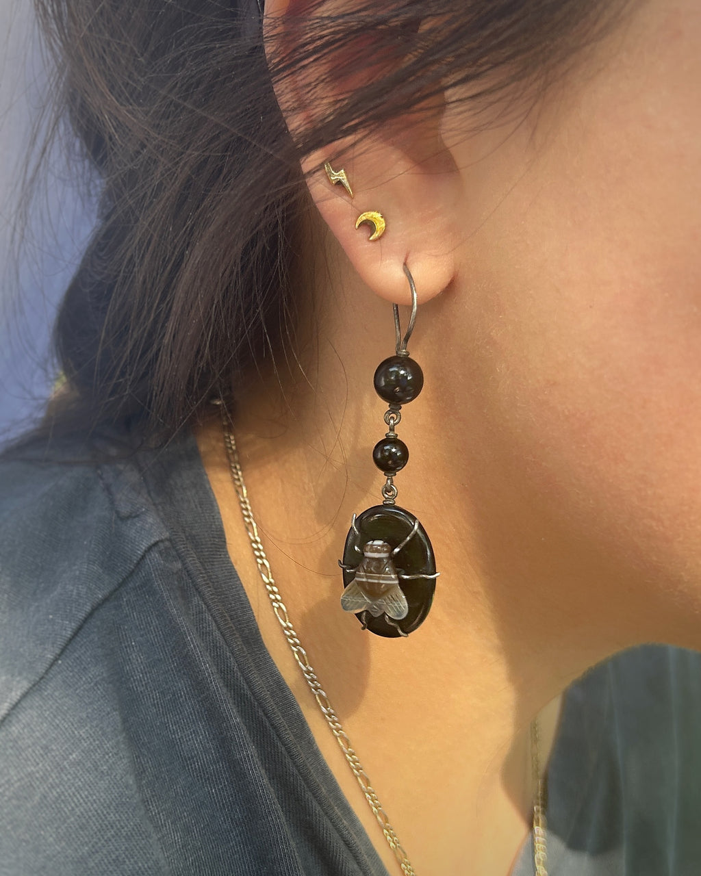 Victorian Silver Banded Agate Fly Earrings