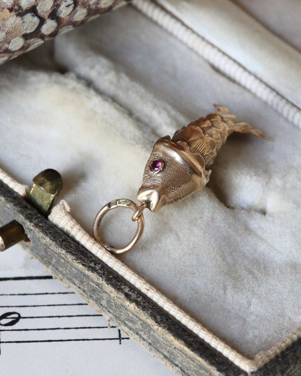 Antique Articulated Fish Charm with Ruby Eyes
