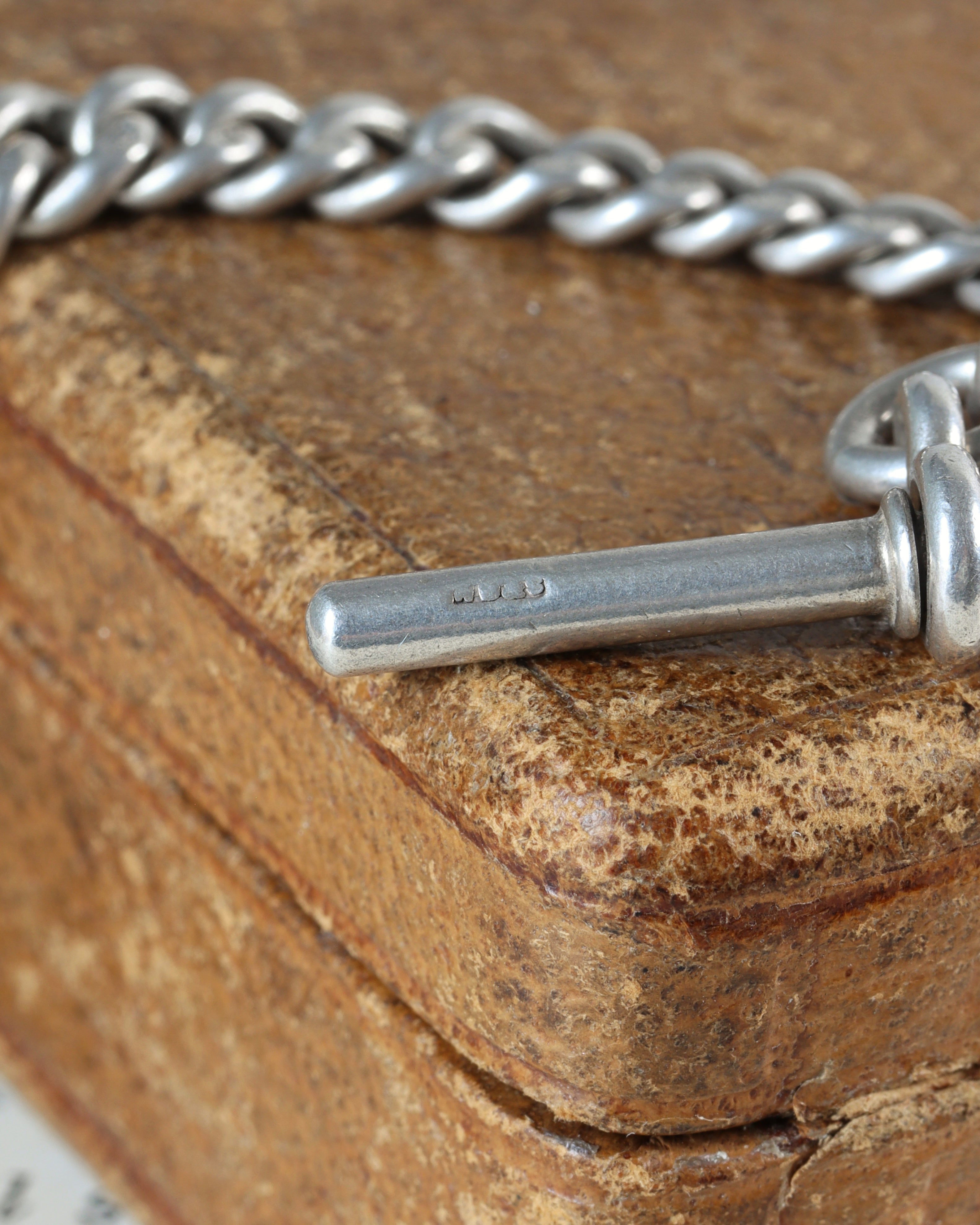 Victorian Sterling Silver Graduated Curb Link Watch Chain with Swivel T-Bar & Dog Clips