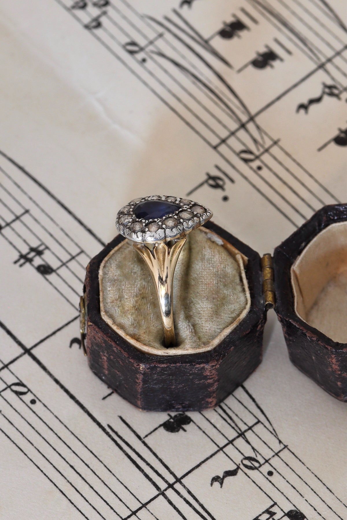 Georgian-Inspired 15ct Gold Rose Cut Diamond and Sapphire Teardrop Ring