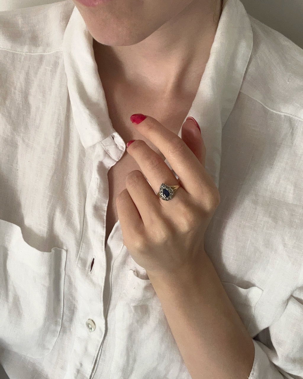 Georgian-Inspired 15ct Gold Rose Cut Diamond and Sapphire Teardrop Ring