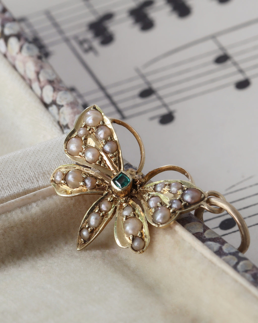 Victorian 9ct Gold Seed Pearl and Tourmaline Butterfly Charm