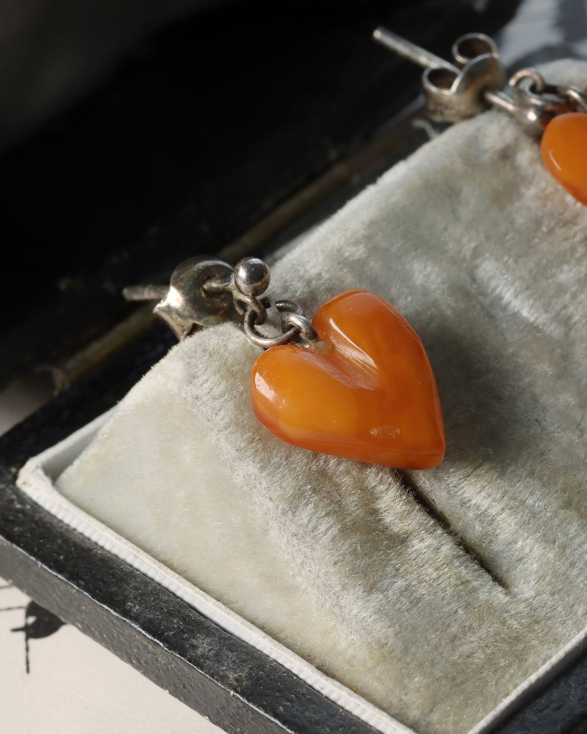 Vintage Carved Butterscotch Amber Heart Earrings