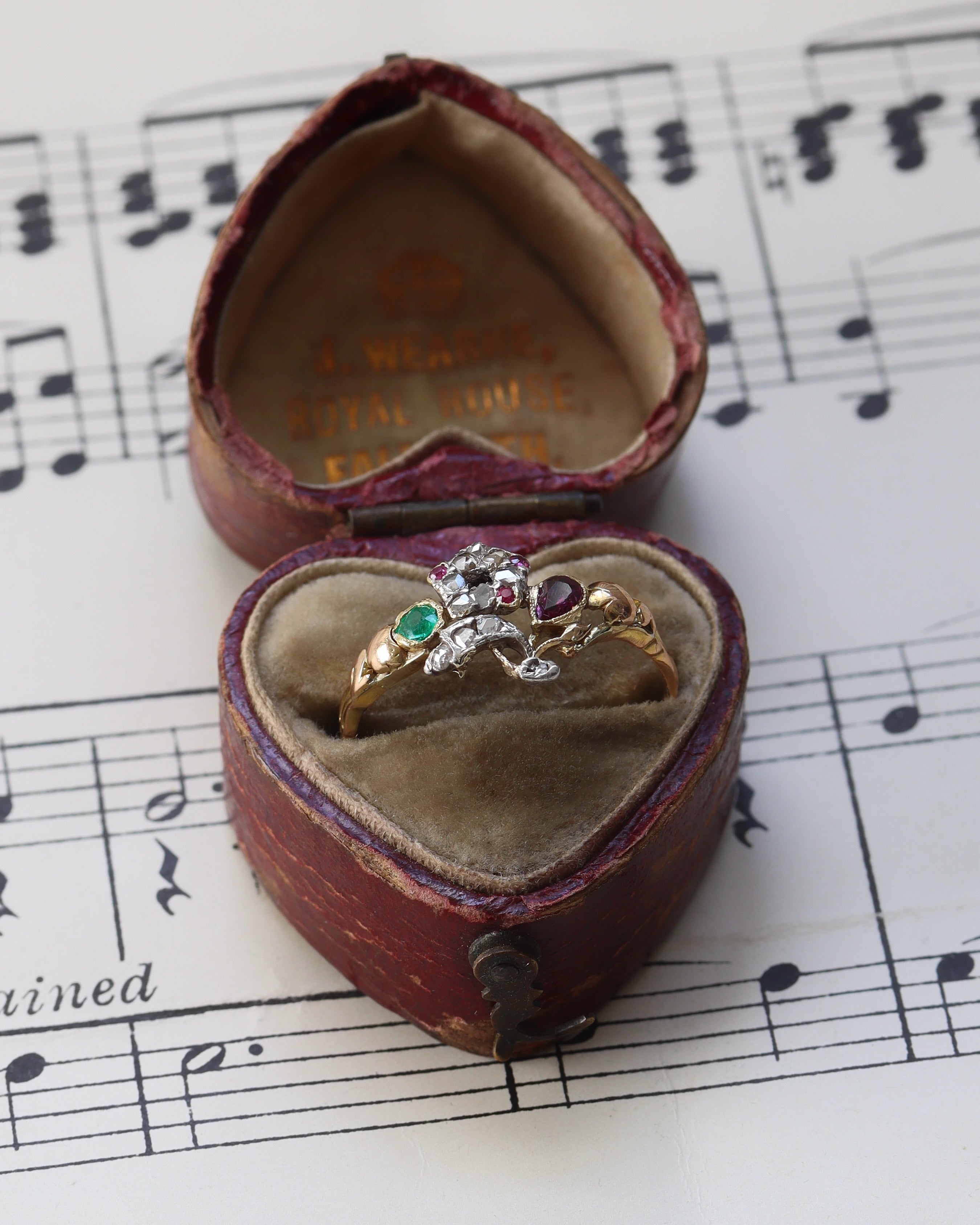 Rare Georgian Giardinetti Ring with Rose Cut Diamonds, Emerald & Rubies