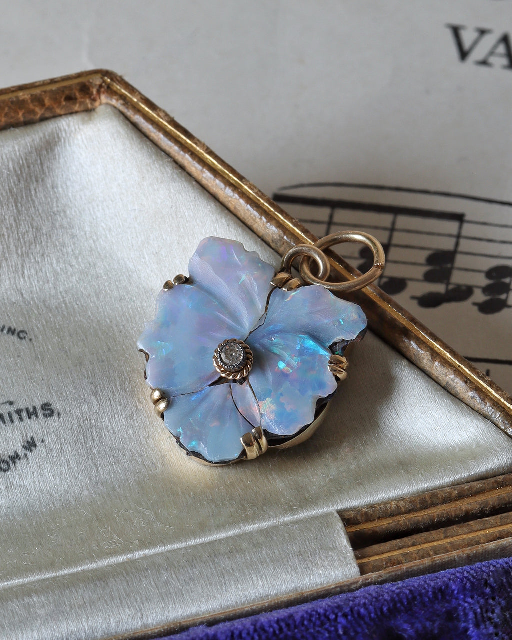 Late Victorian Carved Opal Pansy Charm with Diamond in 14ct Yellow Gold