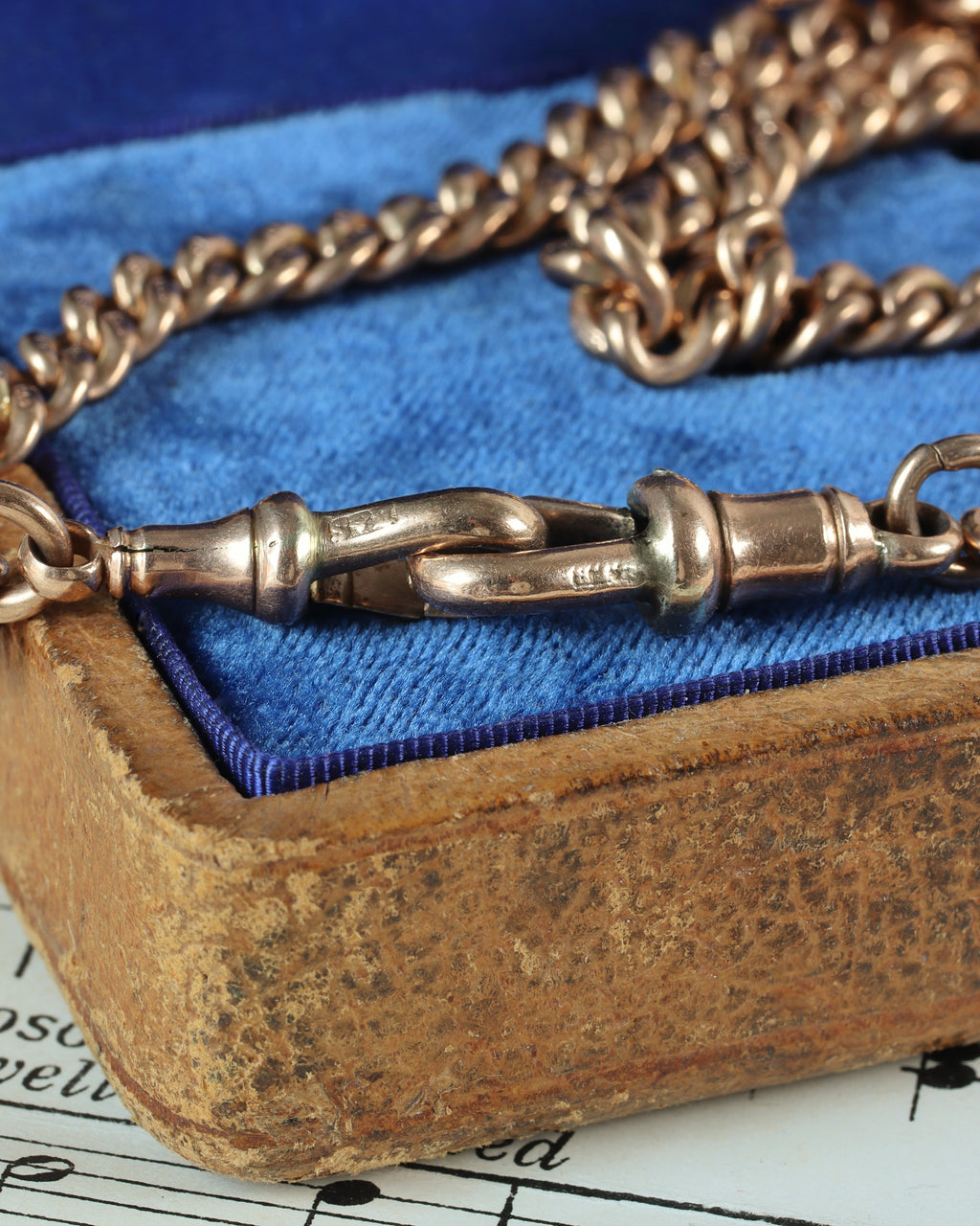 1920s 9ct Peach Gold Watch Chain with T-Bar, Dog Clips & Heart Fob