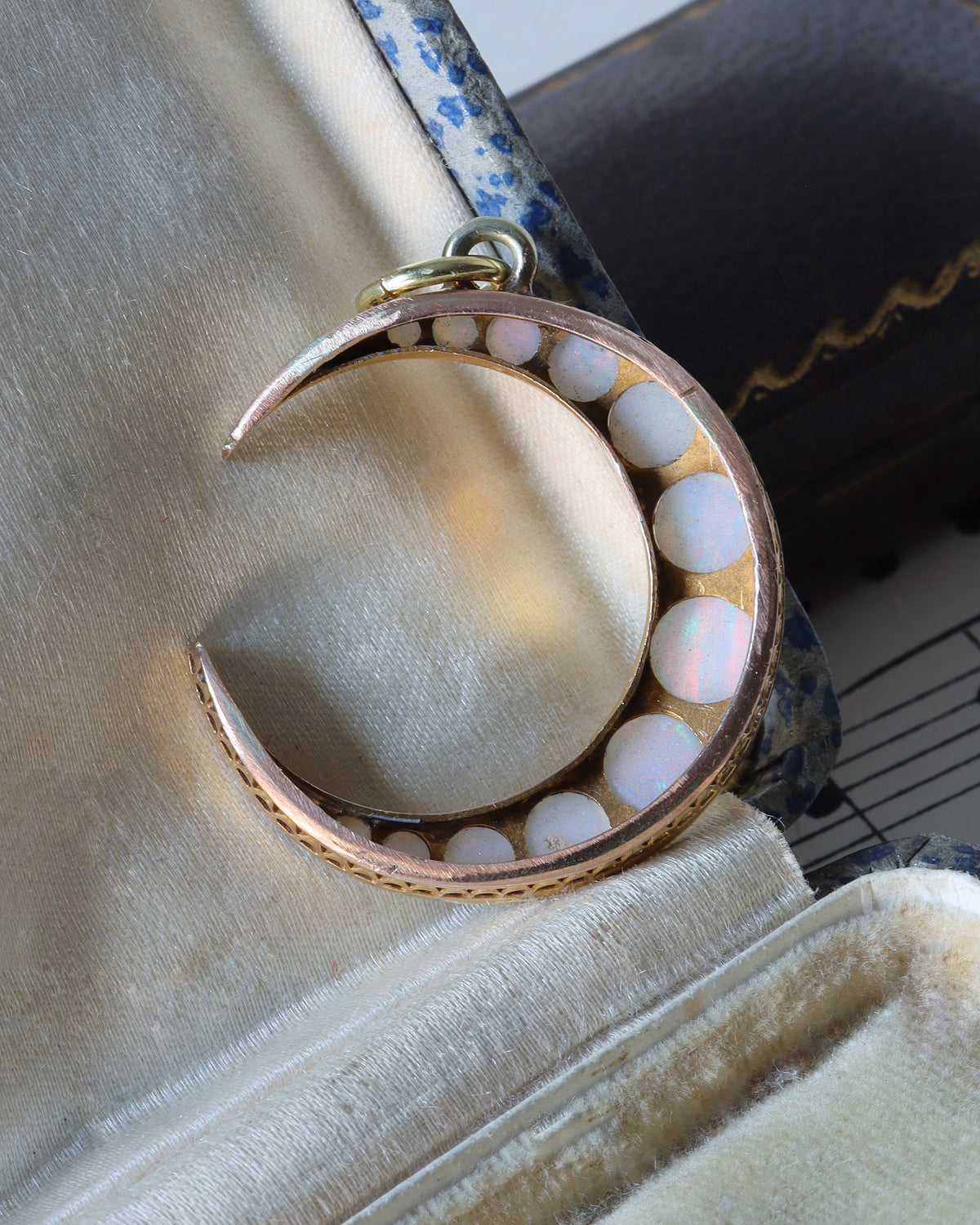 Edwardian 9ct Yellow Gold Opal and Diamond Crescent Moon Pendant