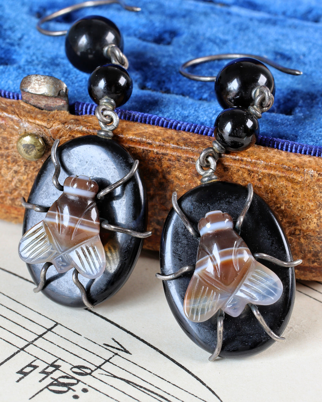 Victorian Silver Banded Agate Fly Earrings