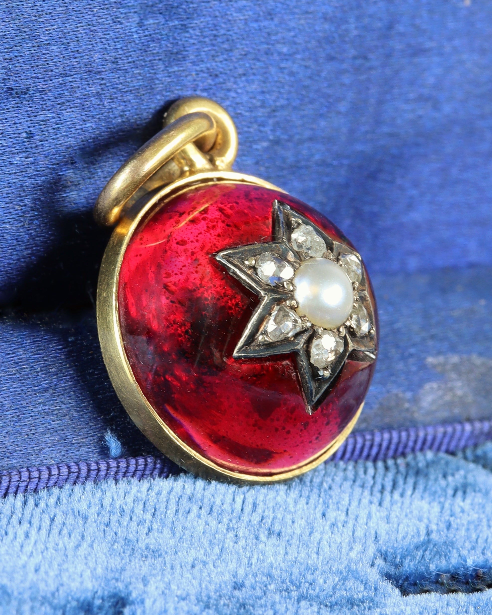 Victorian Gold Garnet Starburst Charm with Pearl & Rose Cut Diamond Centre